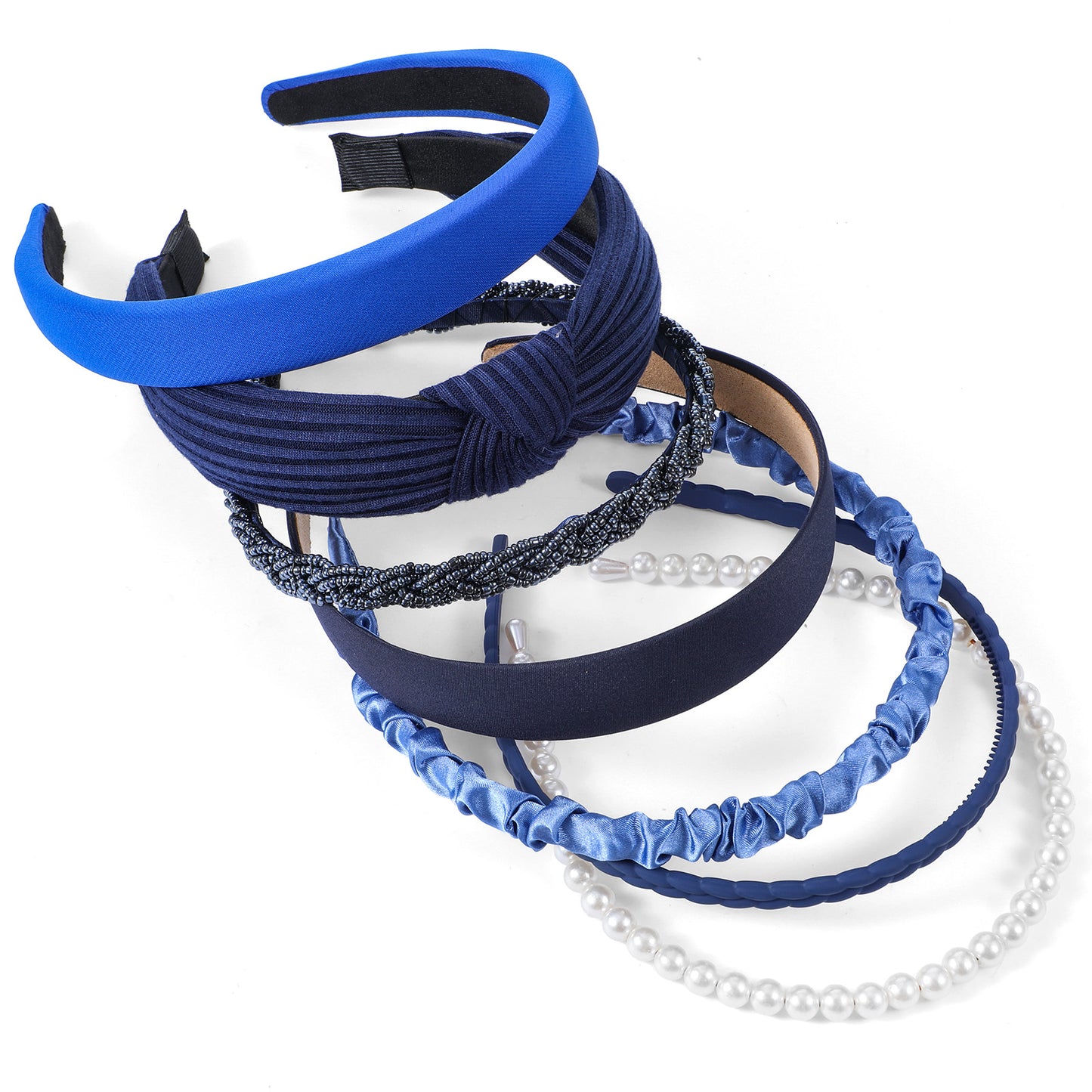 QFGasre Non Slip Headbands for Women, 7 Pcs Different Blue Headbands Wide from Skinny Hair Band Knotted Solid Pearl Head Bands Fashion Hair Accessories Set for Thin Thick Short Long Hairs, Navy Blue