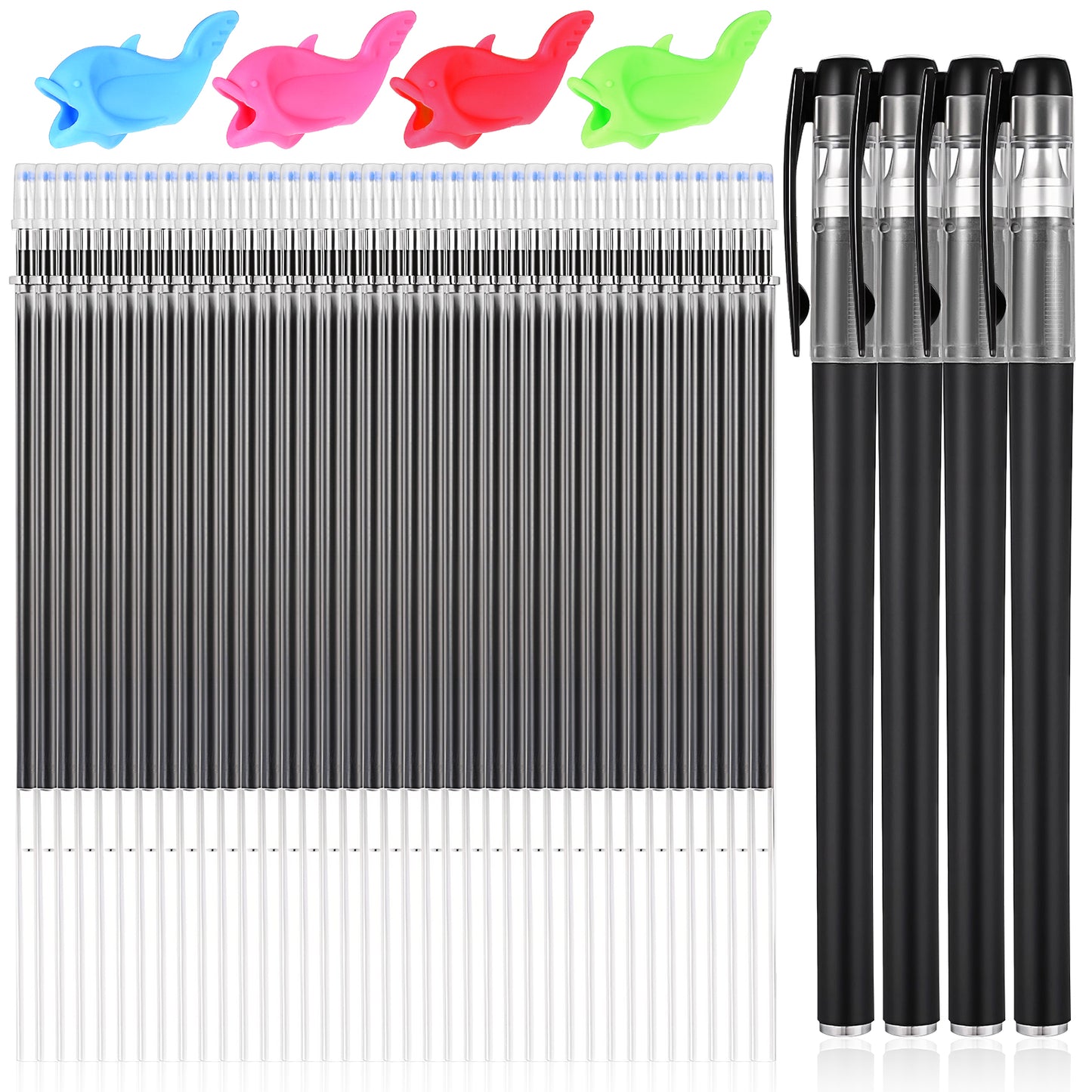 WLLHYF 48 Pcs Grooved Book Magic Pens for Kids Disappearing Ink Pens with 4 Pen Shells and 4 Grip Aids Reusable Handwriting Practice Tools for Grooved Writing Books