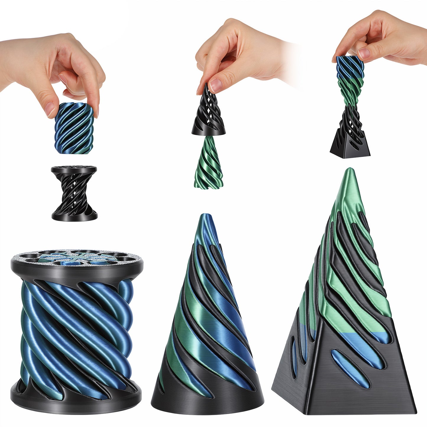 Hpmjz 3 Pack Impossible Cone, 3D Printed Spiral Cone Fidget Toy Pyramid Passthrough Sculpture Mini Cylinder Desktop Decorations Gift for Anxiety Relaxing Adult