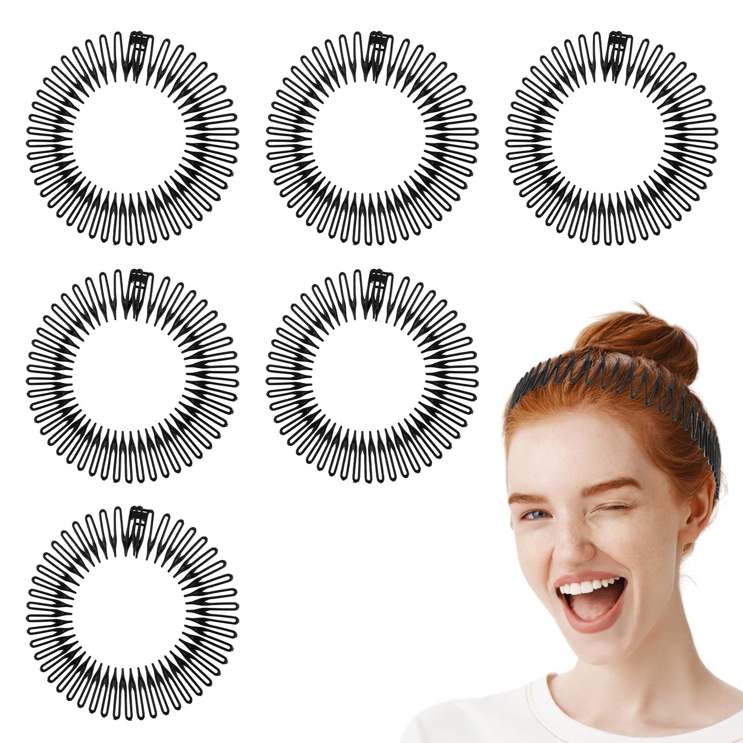COMNICO 6 PCS Full Circular Stretch Comb Hair Band Flexible Plastic Circle Headbands with Teeth for Women Lady Girls (Black)