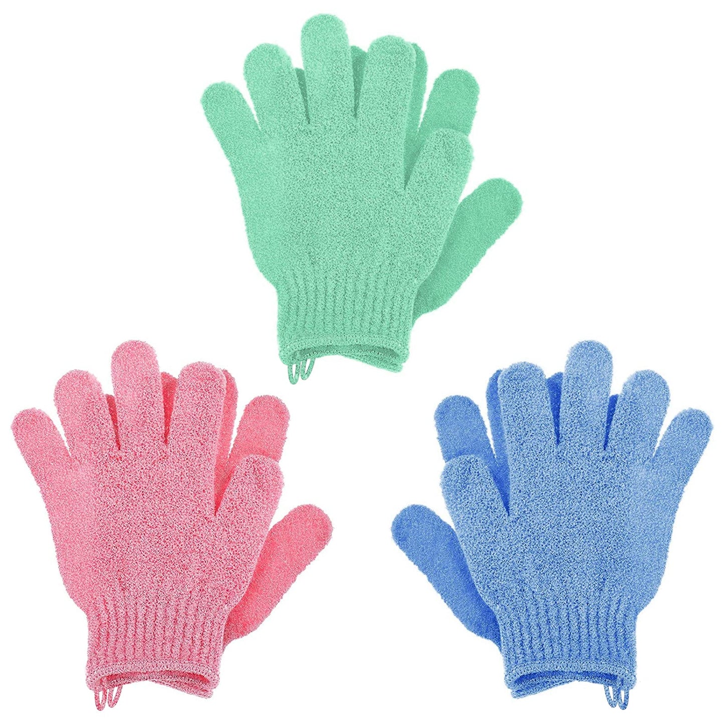 Sibba 3 Pairs Bath Exfoliating Gloves, Body Scrub Shower Scrubber with Hooks, Loofah Shower Glove, Spa Exfoliating Gloves for Women Men (Green&Blue&Pink)