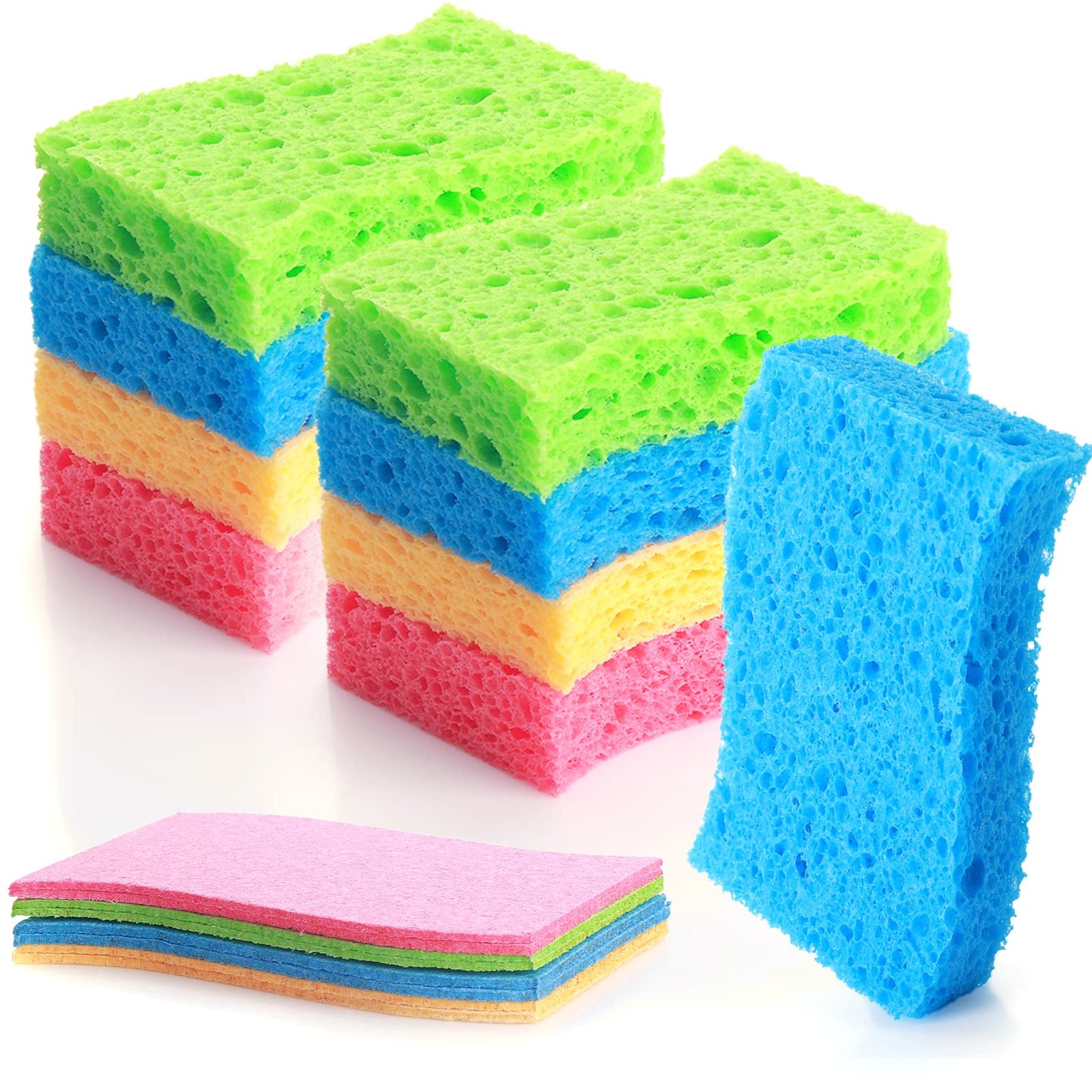 Sibba 12 Pieces Kitchen Cleaning Scrub Sponge, Compressed Cellulose Sponges Non-Scratch Natural Dish Sponge for Kitchen Bathroom Cars, Funny Cut-Outs DIY