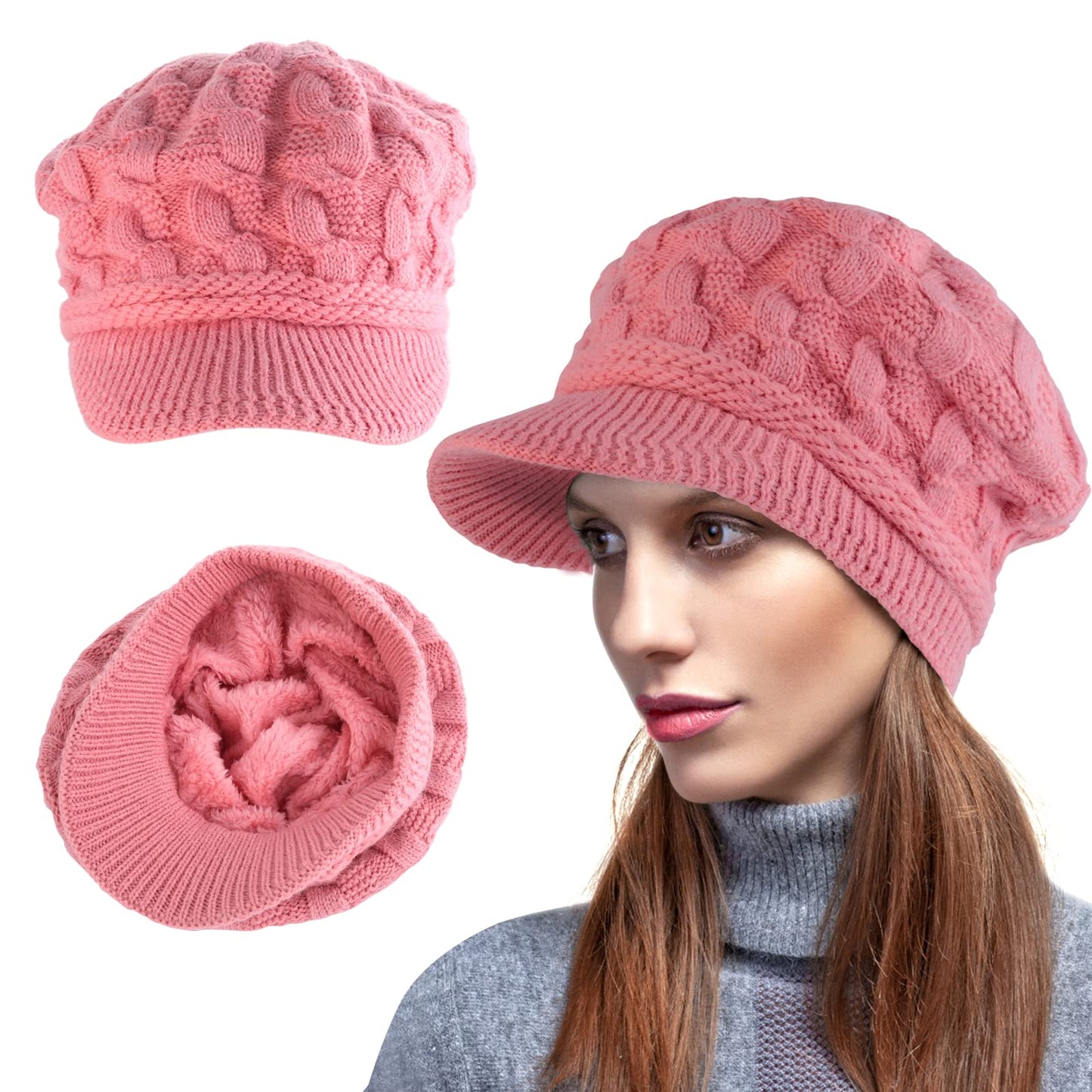 Sibba Ladies Winter Knit Beanie Hats Fleece Lined Beret Hat Wool Knitted Peaked Beanie Cap Visor Beanie Warm Ski Hat for Winter Pink