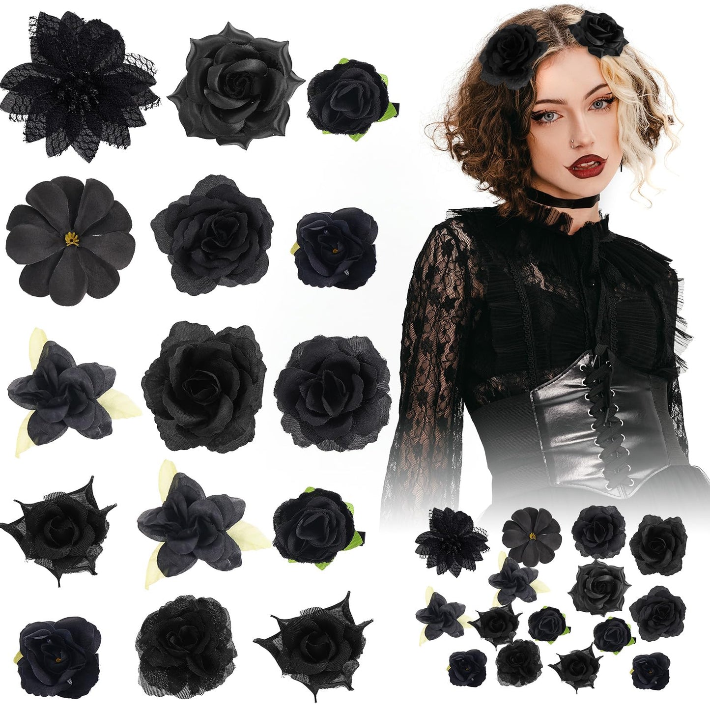 21 Pieces Flower Hair Clips Rose Flower Hair Barrettes Boho Bride Claw Clip Hawaiian Artificial Flower Hairpin Clip Brooch Pin Headpiece Hair Accessories for Girls Wedding Party Halloween (black)