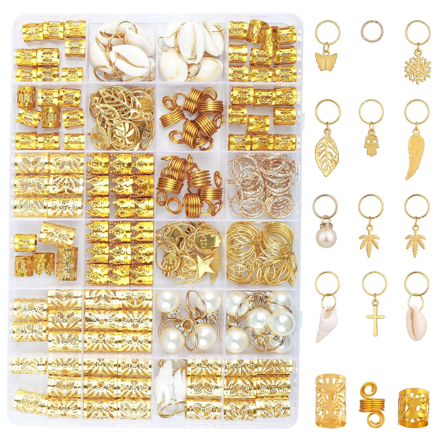 COMNICO 230 Pcs Gold Hair Jewelry for Braids, DIY Dreadlocks Beads Set Metal Gold Braids Rings Cuffs Clips Adjustable Decorations Women Girls Festival Hair Accessories Revel Fashion Styling Tools