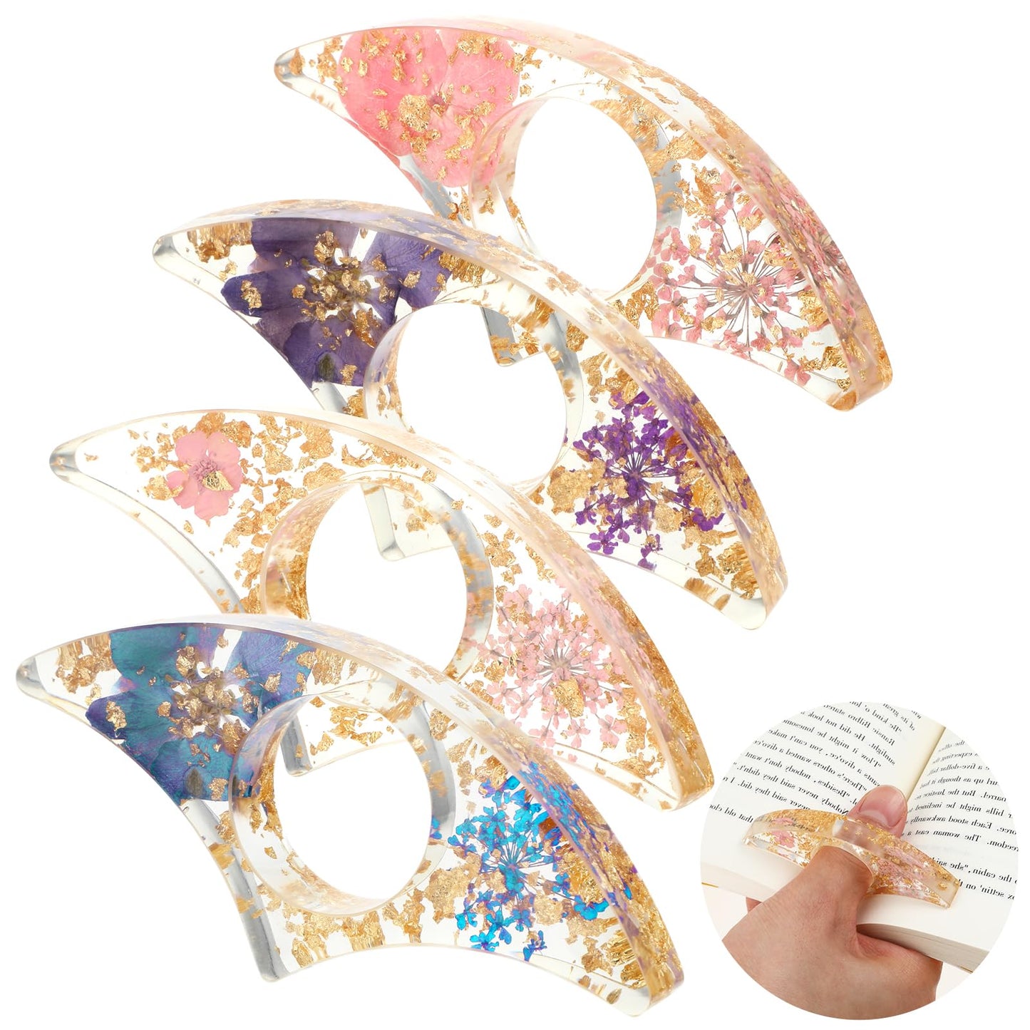 Dimeho 4 Pcs Book Page Holder Dried Flower Resin Thumb Book Page Holder for Reader Handmade Floral Bookmark Ring Book Opener Reading Accessories Gift for Book Lovers Bookworm Teacher