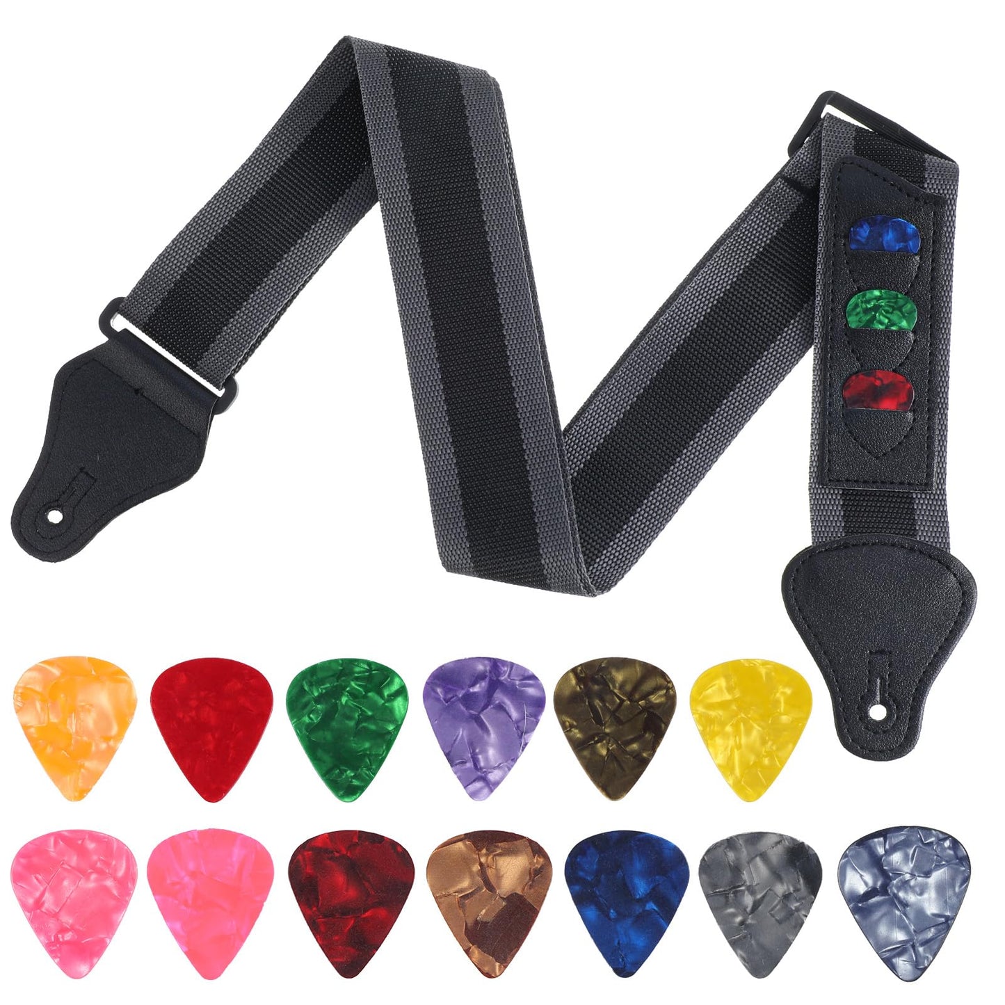 QFGasre Guitar Strap Adjustable Guitar Strap with 1 Pick Holders 30pcs Picks Acoustic Electric Guitar Bass Available for All Guitars Easy to Install Black Guitars Accessories