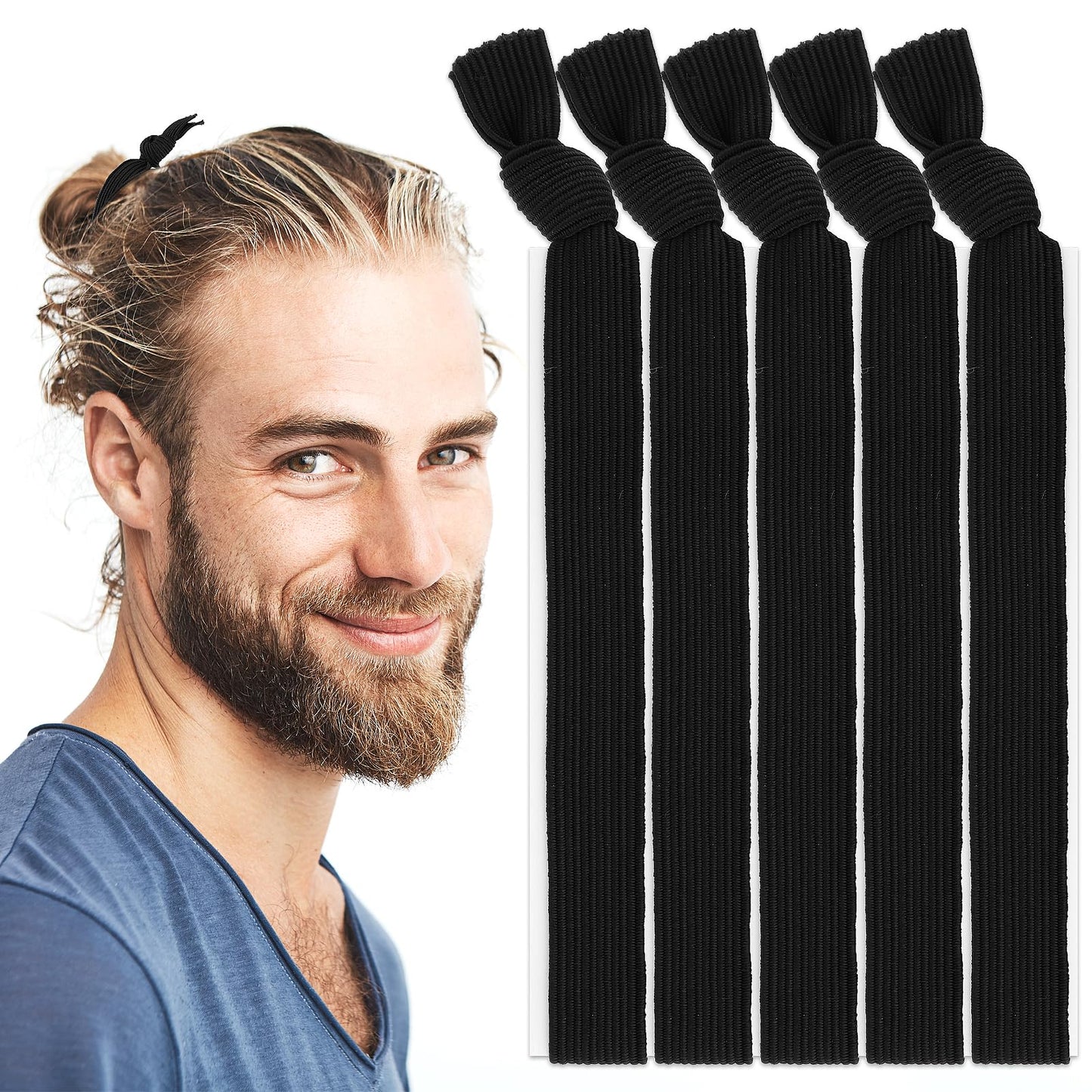 Sibba Knotted Mens Hair Ties 5 Pcs Elastic Hairbands Resuable Ponytail Holders Buns Hairties No Crease Hairtie Thick Headband Accessories Fit Curly, Wrist Decoration, Sport (Black)