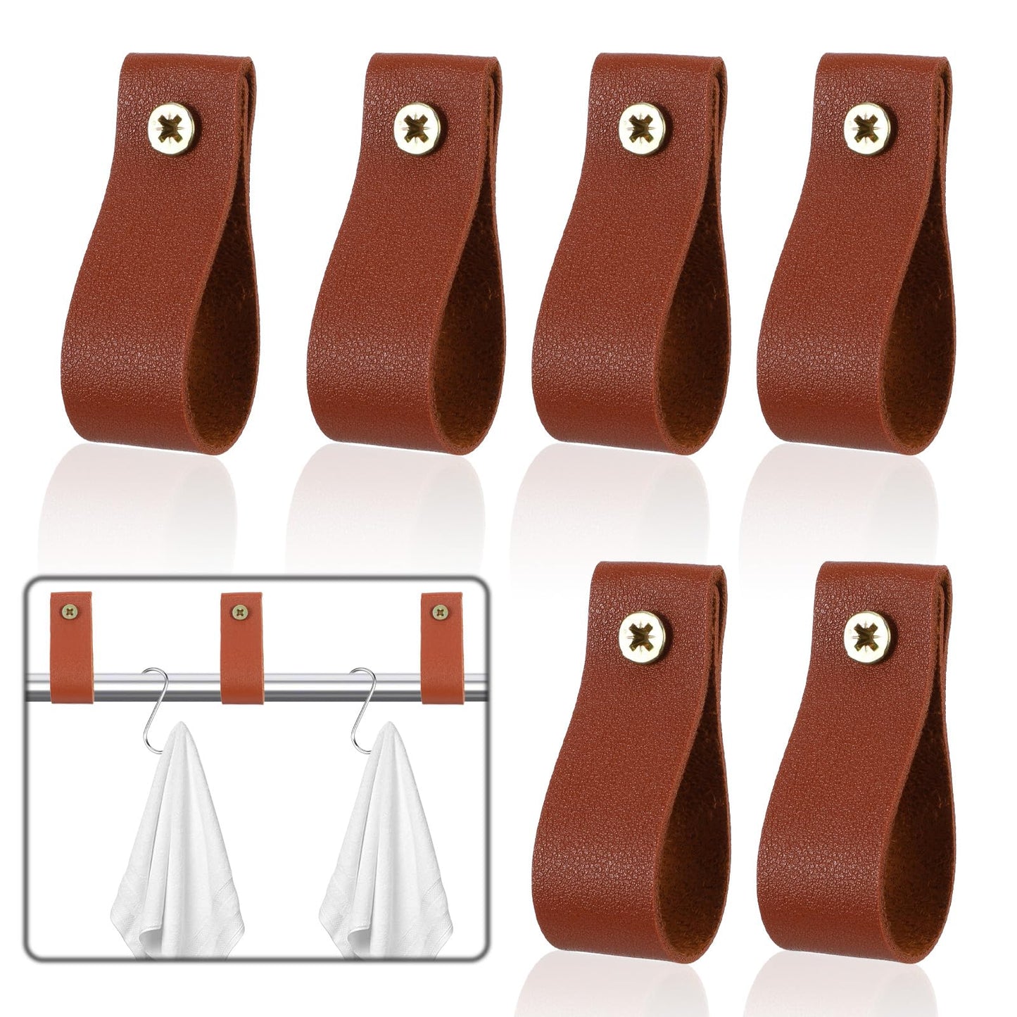 Qianyu 6 Pcs PU Leather Wall Hooks, Boho Style Decor Supplies with 6 Nails, Wall Mounted Towel Hanger Loop for Bathroom, Kitchen, Bedroom, Boho Style Decor