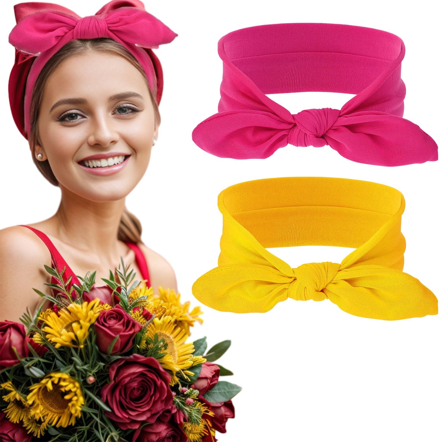 2 Pieces Bow Headbands for Women Elastic Headwraps Rabbit Ears Hair Bands Solid Color Turban Boho Headband Fashion Sport Cute Hair Accessories