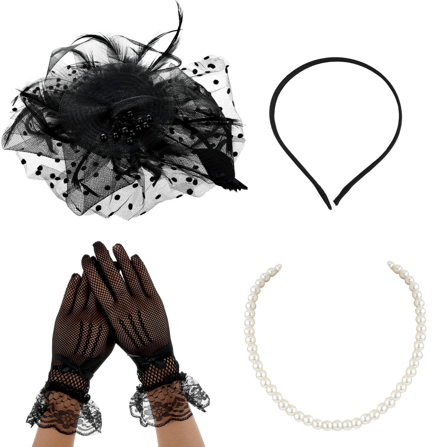 Sibba 3Pcs Women's Fascinators Hats Feathers Veil Mesh Hat Lace Gloves Pearl Choker Necklace Tea Party Clip Headpiece Hair Accessories for Party Church Wedding, Black, One size