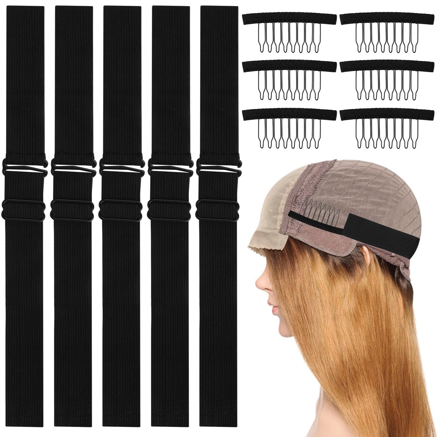 Sibba Elastic Wigs Band 12Pcs Adjustable Hair Straps Wigs Extensions Bands Wig Combs Bonnet Extense Clip Hooks Accessories Unisex Hairpin Fit DIY, Sewing Making, Hat Fixed (Black)