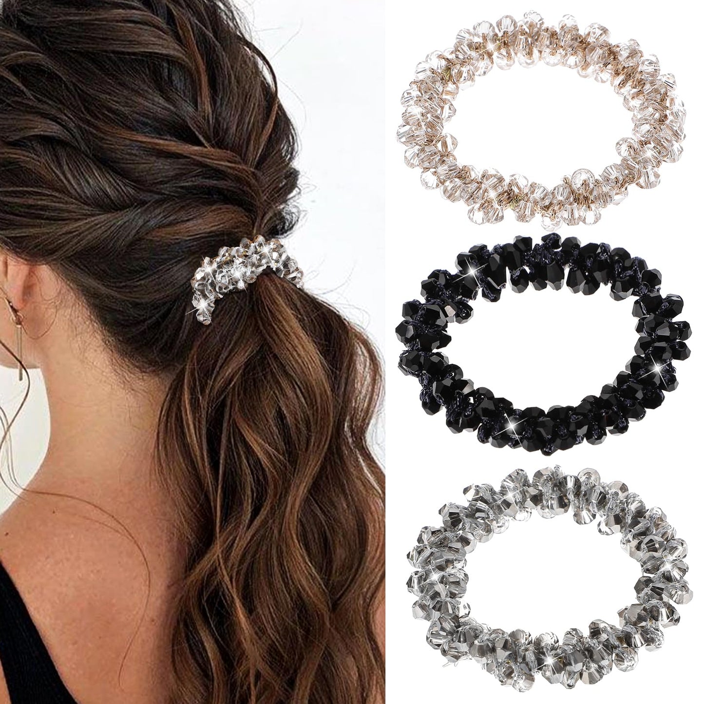 Qianyu 3 Pcs Rhinestone Hair Ties Pearl Hair Scrunchies Elastic Crystal Ponytail Holder Fancy Beaded Hairs Band Stretchy Pretty Hairs Ropes for Women Girls Accessories