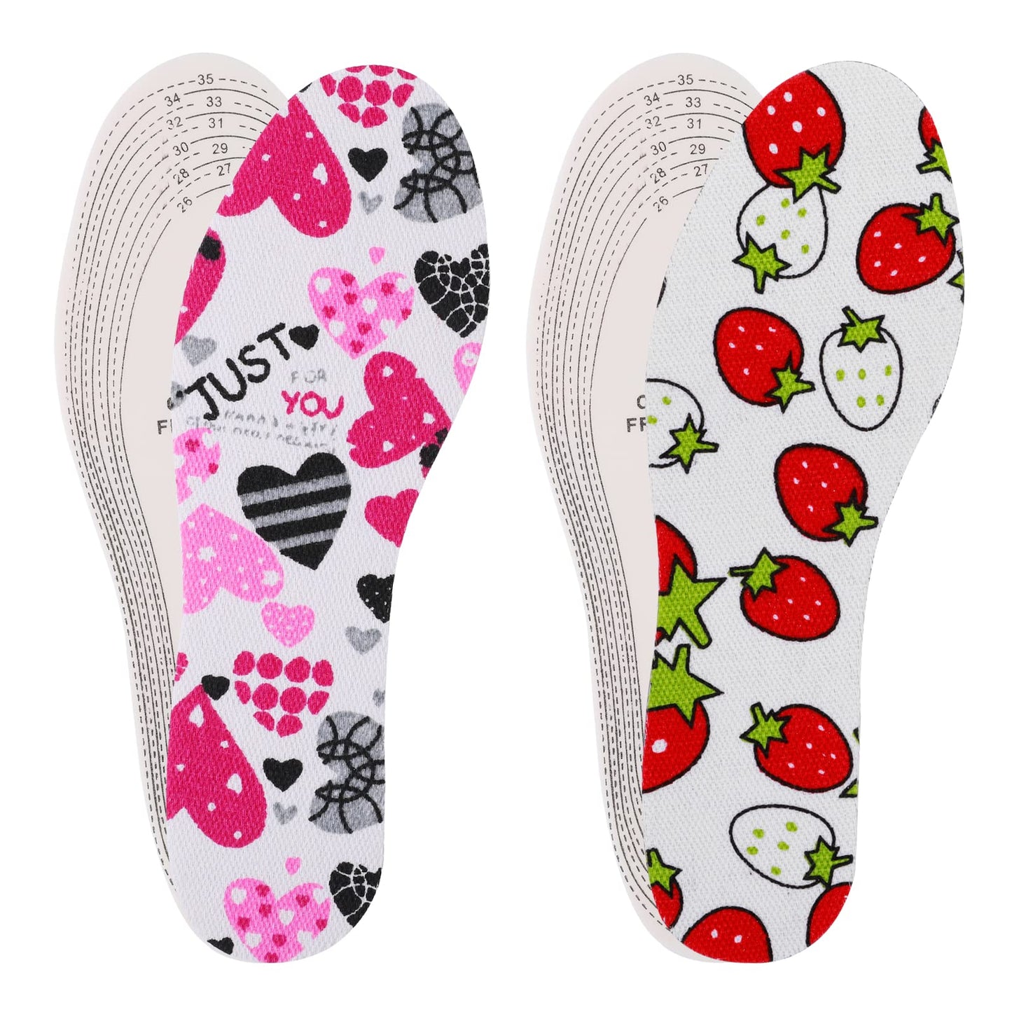 Sibba Shoe Inserts Foot Pad Sole Insoles Replacement for Big Sneaker Heel Grips Cushion Cuttable Size Comfort Memory Foam Liners Feet Treatment for Kids Women (1 Heart 1 Strawberry Pattern)