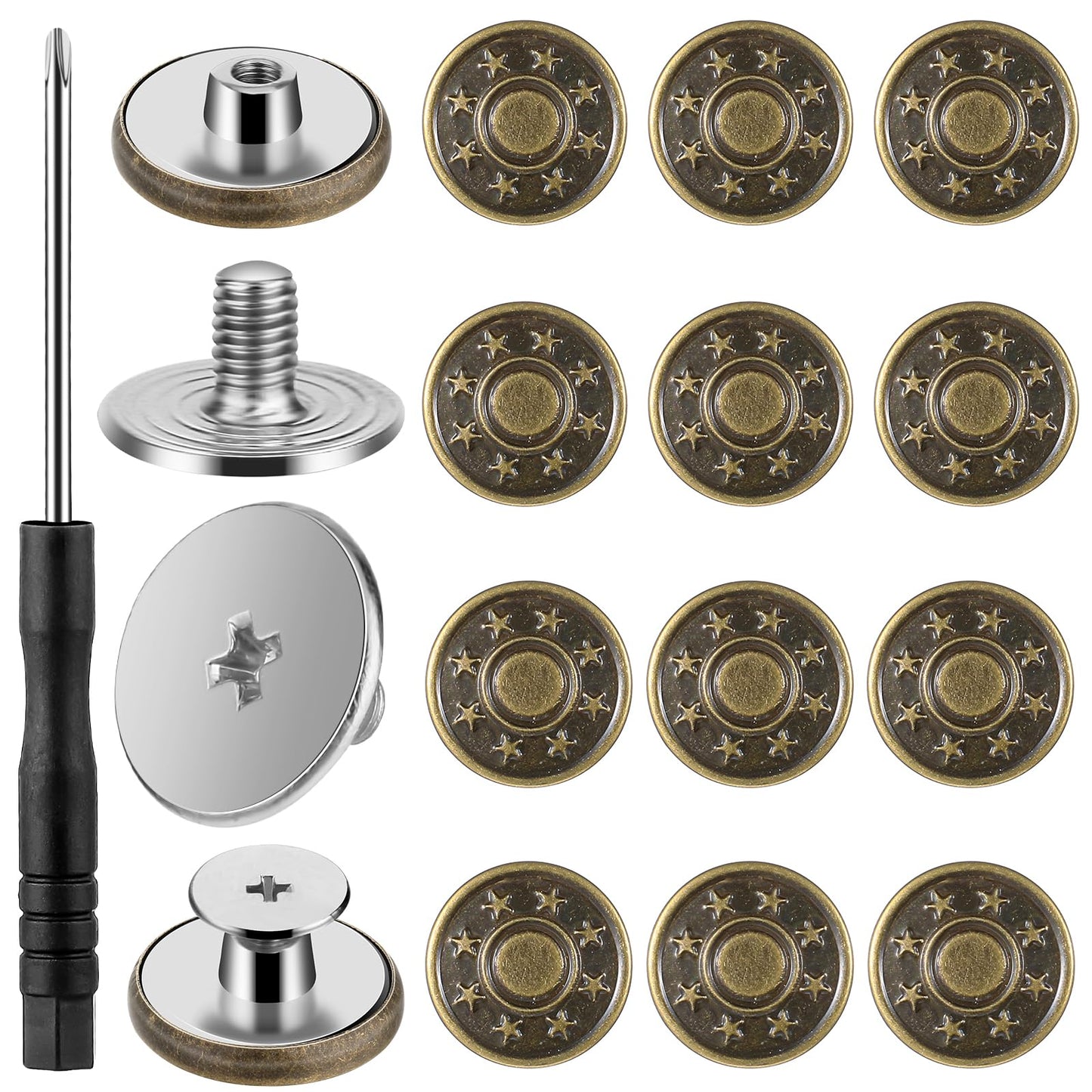 Qianyu 12 Sets Adjustable Buttons for Jeans 17mm No Sew Nailess Instant Metal Buttons Removable Jeans Buttons Replacement Repair Combo Contains Threads Rivets and Removable Screwdriver (Color 3)