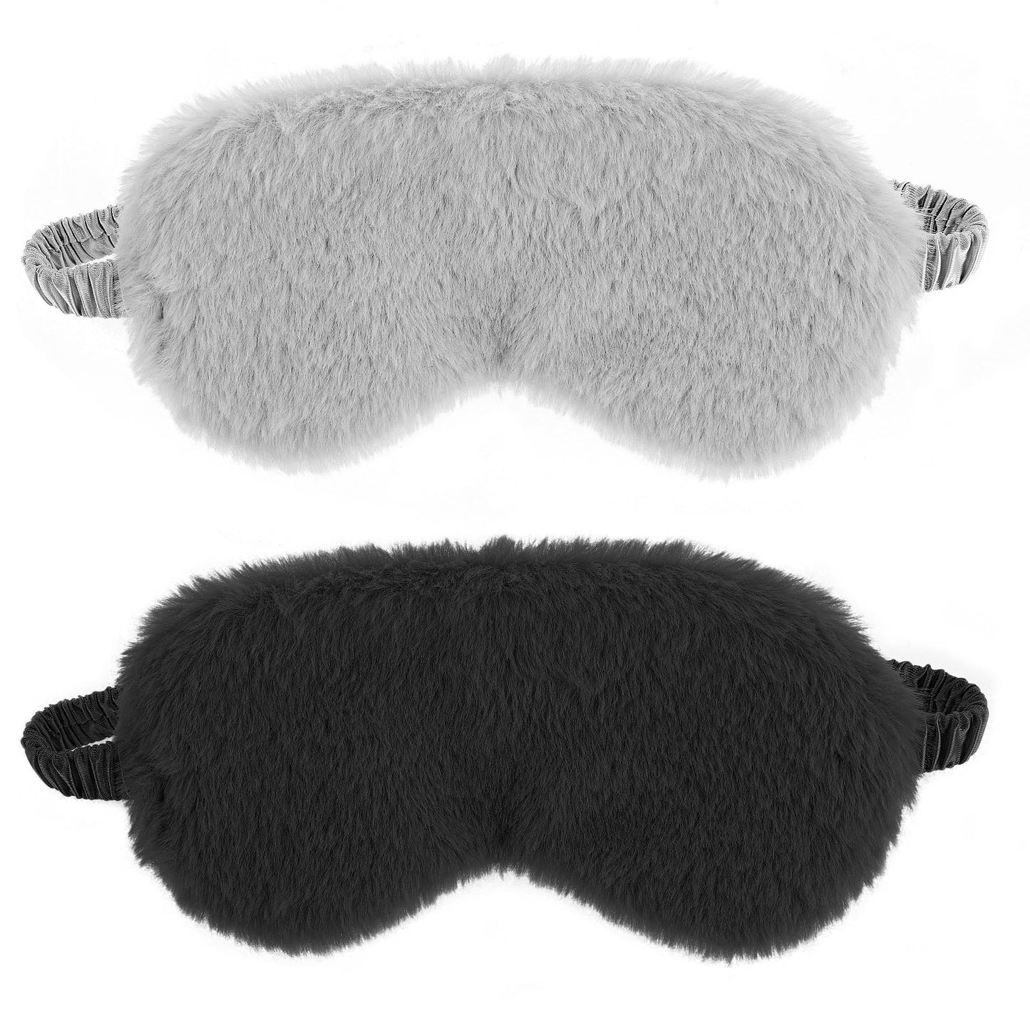 2 Pcs Plush Eye Mask Soft Sleeping Blindfold Eye Cover Comfortable Furry Faux Fur Sleeping Mask Satin Nap Night Eyeshade Cover for Women Men Gift (Black, Gray)