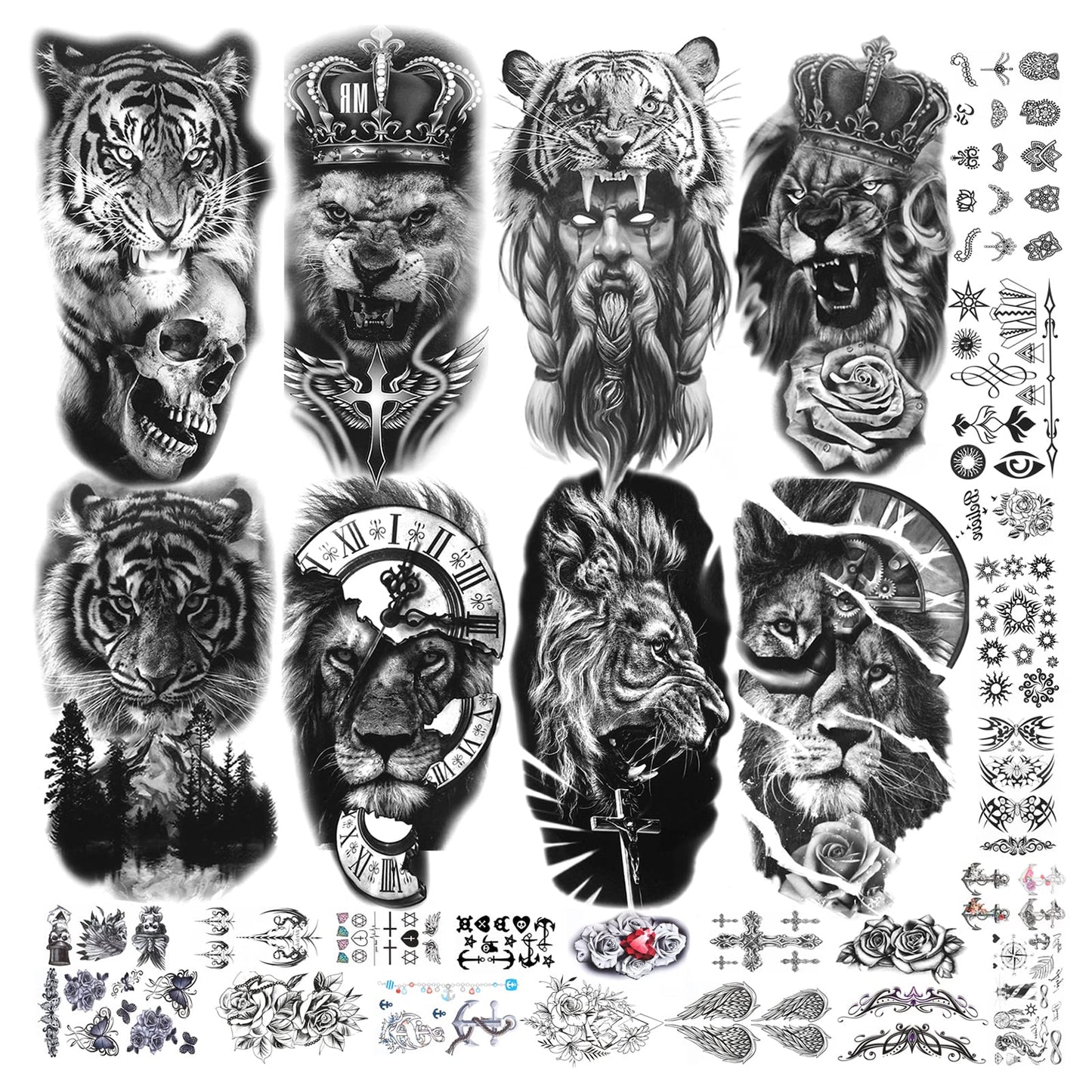 Sibba 28 Sheets Halloween Black Temporary Tattoos For Men Women 3D Realistic Large Tattoo Stickers Skull Flower Snake Lion Tiger Temp Tattoo Waterproof Arm Neck Body Lasting Fake Tatoos