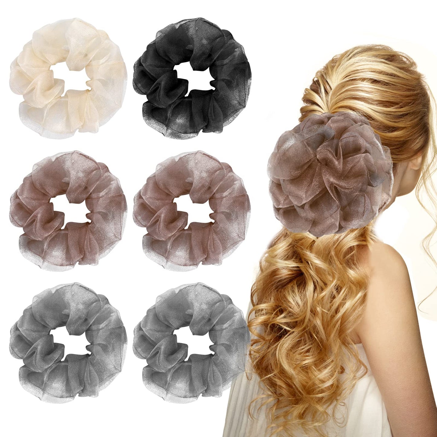 Sibba Large Scrunchies 6 Pieces Bling Satin Stretchy Hair Ties Headband Ponytail Holders Head Rope for Thick Hair Styling Multi-colored