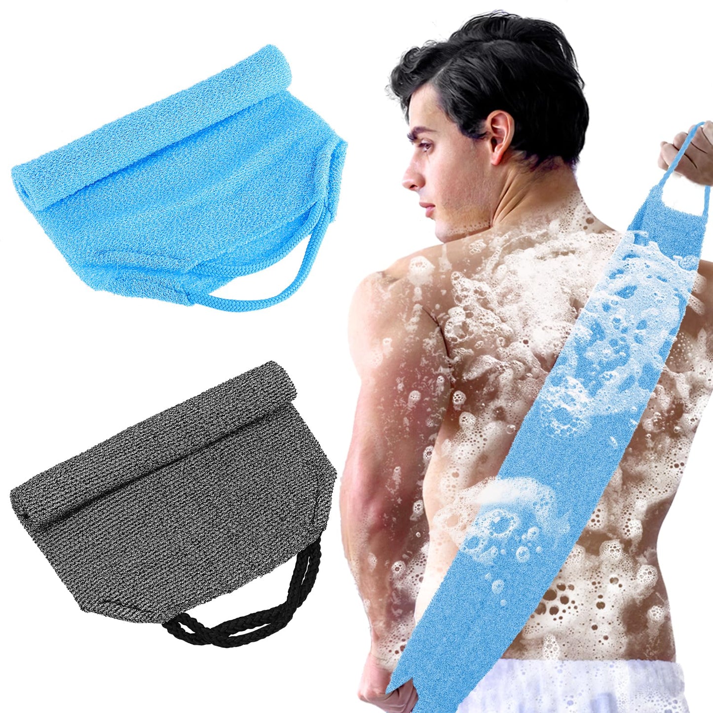 COMNICO 2pcs Exfoliating Back Scrubber Nylon Shower Bath Exfoliator Extended Length Body Scrub Towel Stretchable Pull Korean Washcloth Strap with Handles(Blue + Gray)
