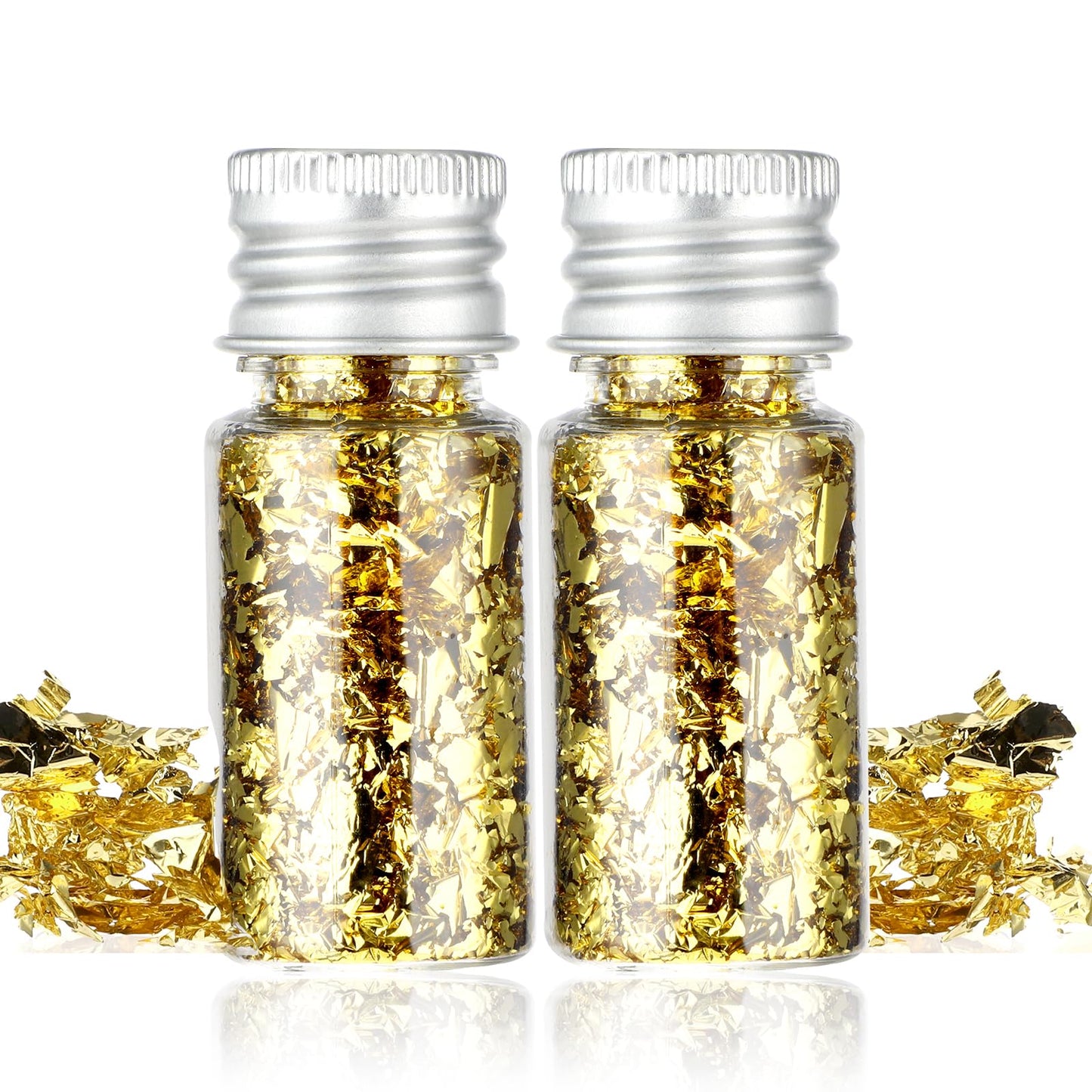 2 Bottles Metallic Foil Flakes Edible Glitter Gold Leaf Sheets Genuine Gold Leaf Paper Cake Decoration for Baking Cooking Dessert Cupcakes Chocolate Candies DIY Crafts Beautiful Supply