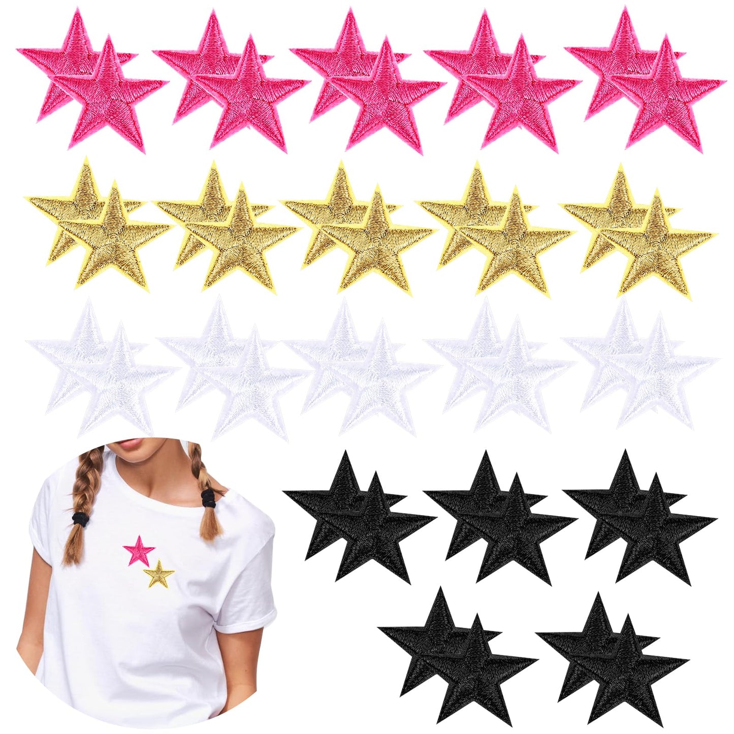 40 Pcs Star Iron on Patches, 4 Colors Star Patches Star Embroidered Patch Applique Embellishments for Clothing Jackets Hats Backpacks Jeans (1 inches) - Black White Gold Pink