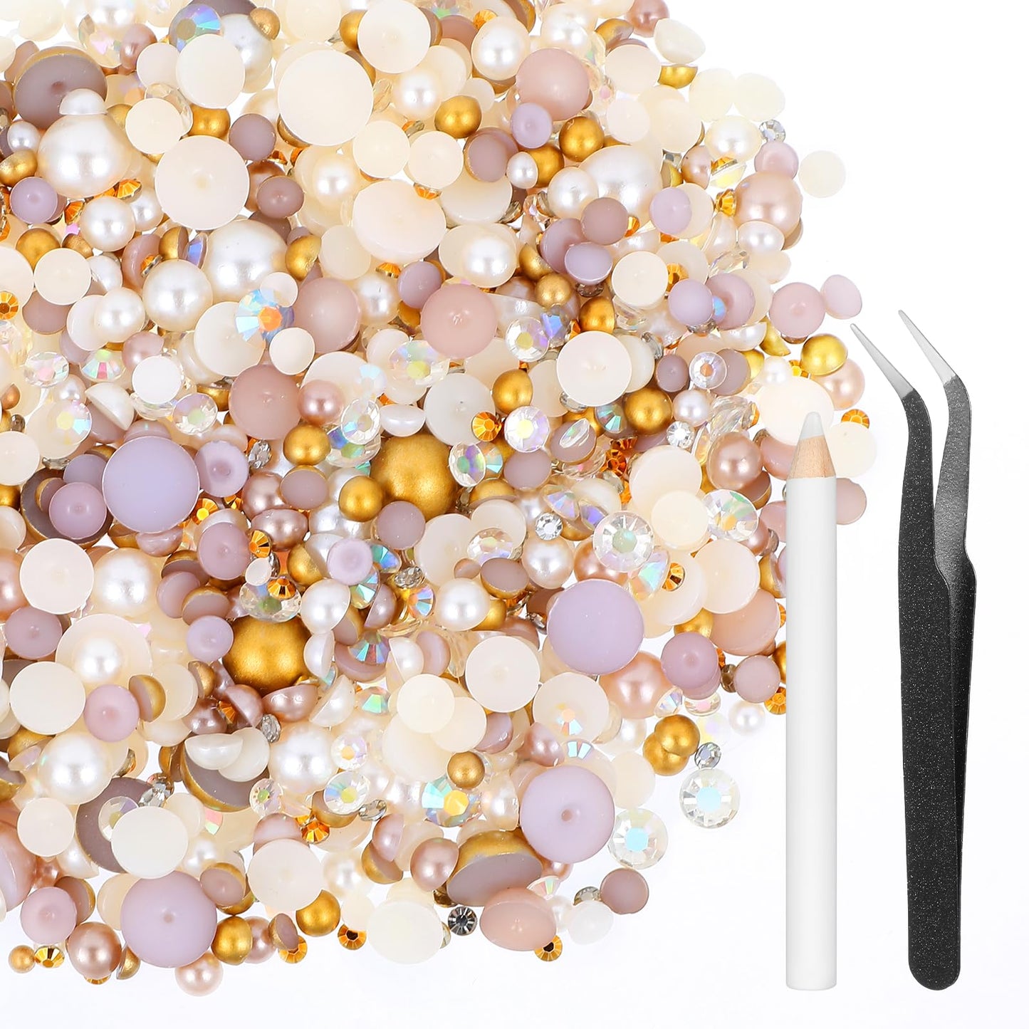 50g Mix Flatback Rhinestones Half Pearls for Craft Mixed Size 3mm-10mm Flat Back Rhinestones Flatback Pearls Resin with Tweezer & Pickup Pencil for DIY Tumblers Mugs Bottles Nail Art Shoes Clothes