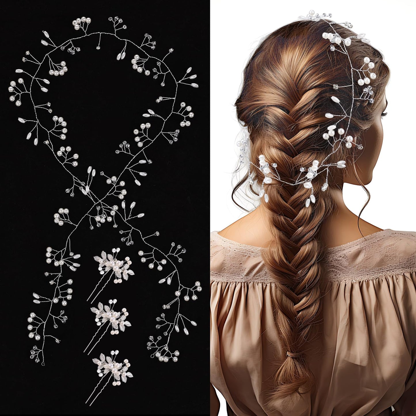 Bride Wedding Crystal Hair Vine, Extra Long Pearl and Crystal Beads Bride Head Piece Bridal Headpiece Hair Accessories for Women and Girls, Crystal Headbands for Wedding and Party