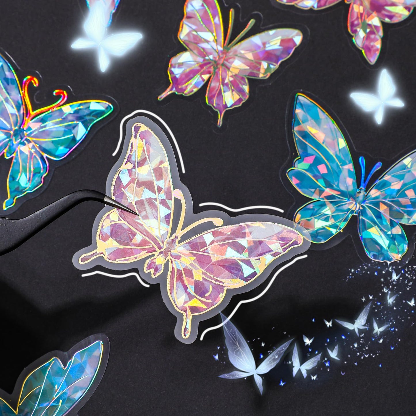 Dimeho 80 Pcs Holographic Butterfly Stickers, 3D Shiny Transparent Glitter Stickers Waterproof Shiny Butterfly Decals Decorations for Laptops Journals Bottles Supplies Fairy Glitter Stickers
