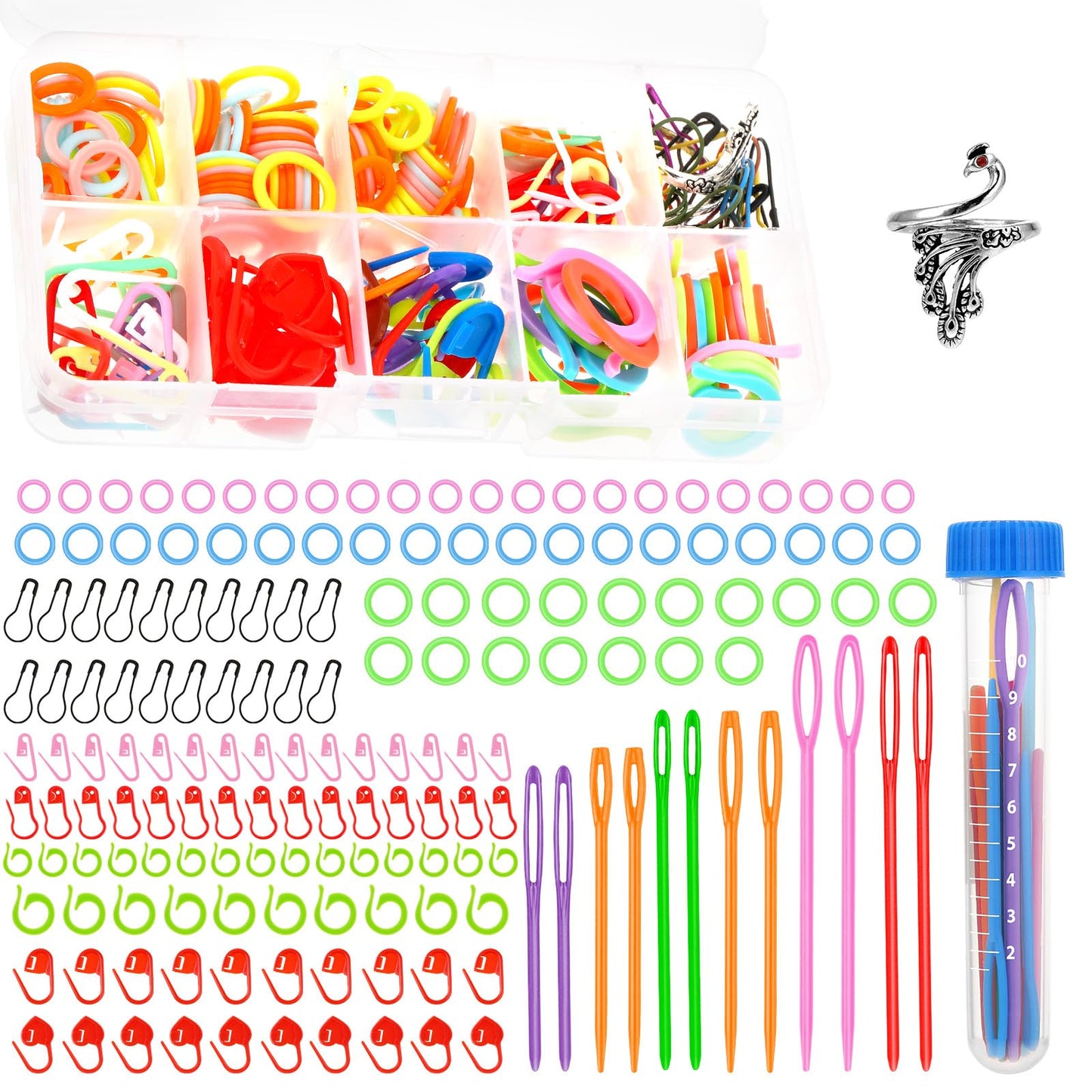 Dimeho 233Pcs Stitch Markers Crochet Knitting Stitch Markers for Knitting Stitch Rings Crochet Hooks Clips with Plastic Large Eye Blunt Sewing Needles Safety Crochet Locking Pin and Storage Box