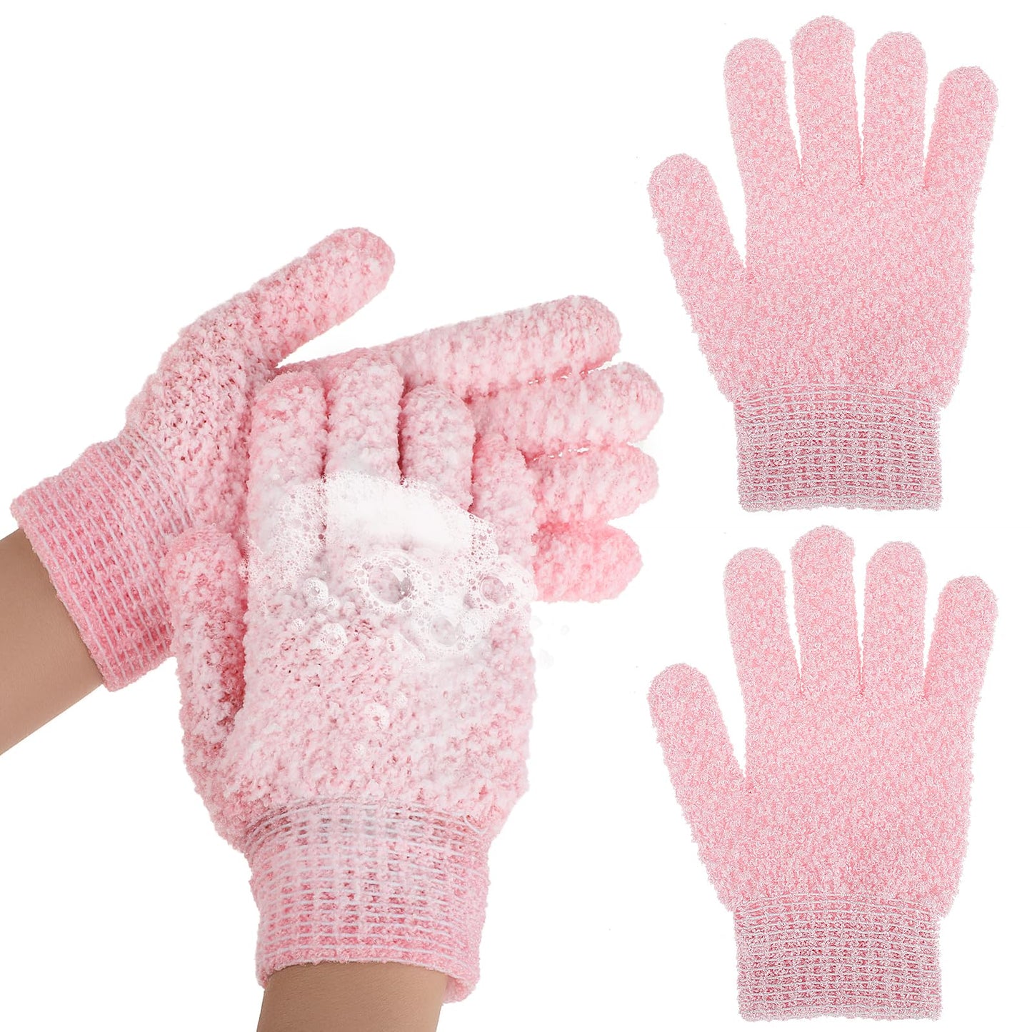 Sibba Shower Exfoliating Mitts, Double Sided Microfibre Body Exfoliating Gloves for Adults and Kids, Natural Loofah Bathing Gloves for Body and Face, Dead Skin Remover(Pink)