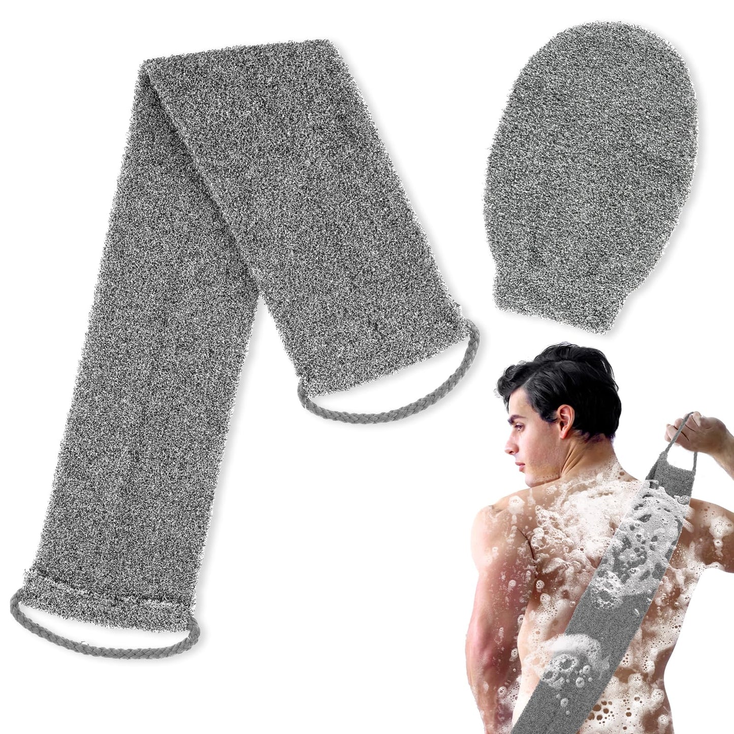 COMNICO Exfoliating Back Scrubber, Double-Sided Exfoliator Body Scrub Towel with Mitt, Loofah Scrubber with Handles for Body Shower Deep Cleans