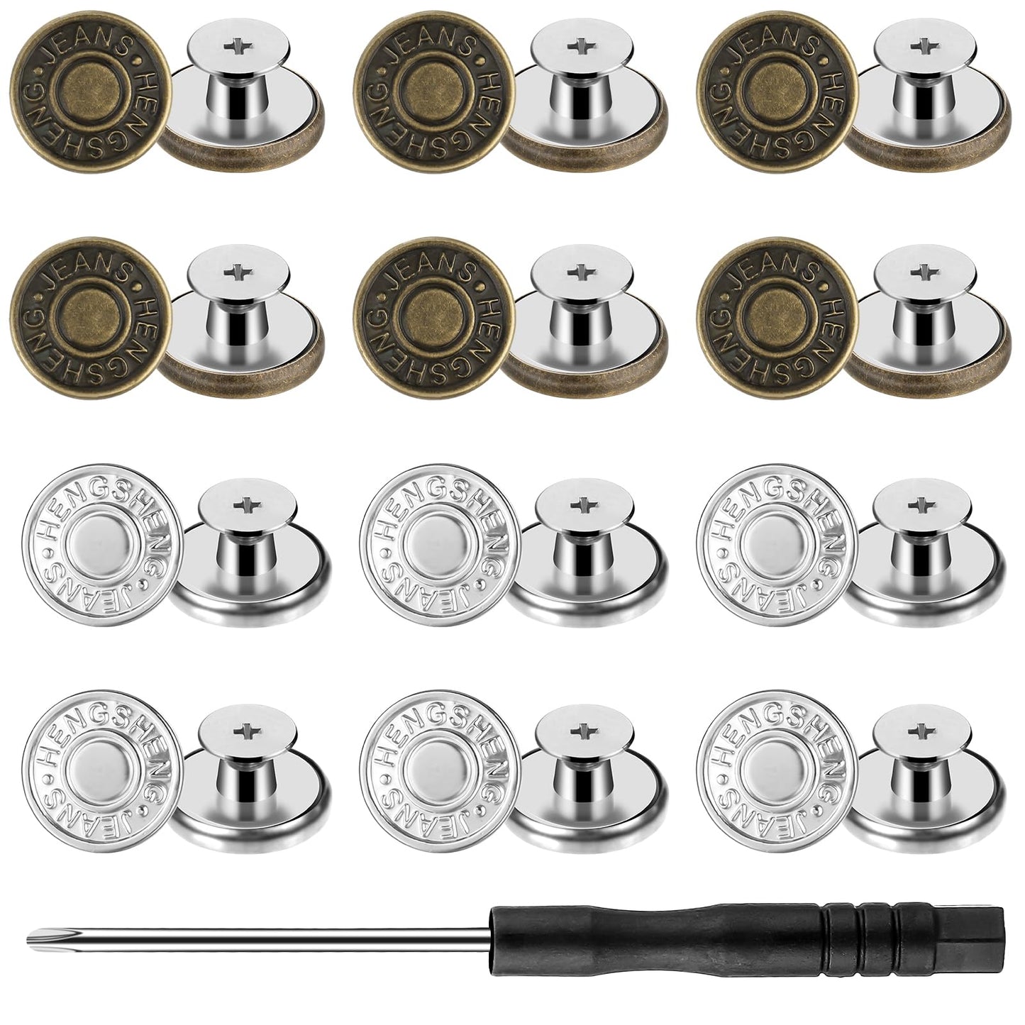 Qianyu Pack of 12 Trousers Replacement Buttons Button Pins 17 mm No Sewing Adjustable Brass Jeans Buttons Plug with Screwdriver DIY Metal Trouser Button for Repair of Jeans (Bronze + Silver)