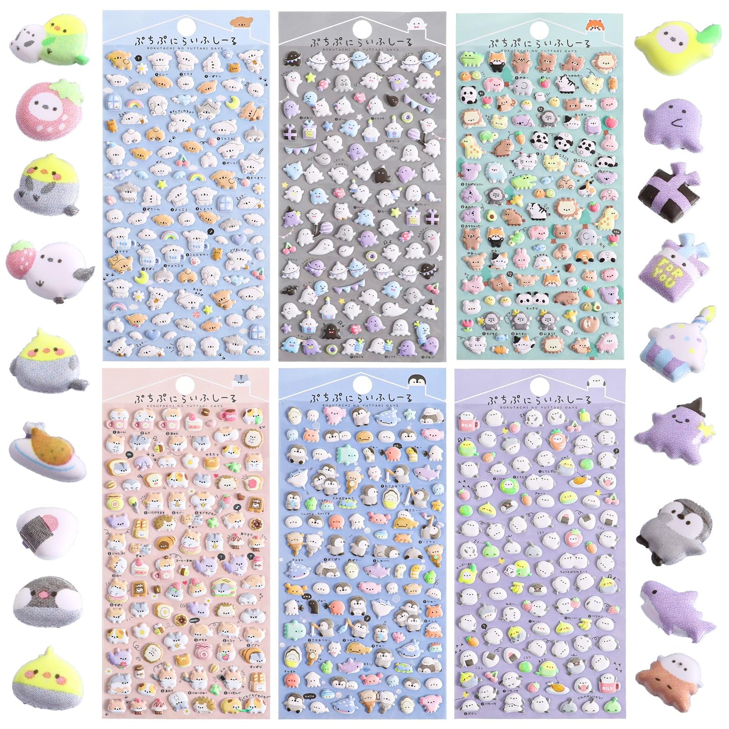 Cute Mini Puffy Stickers for Kids 600+, 3D Tiny Micro Bulk Sticker Set for Girls Adults, Removable Cute Stickers Includes Kawaii Japanese Cartoon Ghost Animal Cat Dog Birds for Phone Case(6 Sheets)