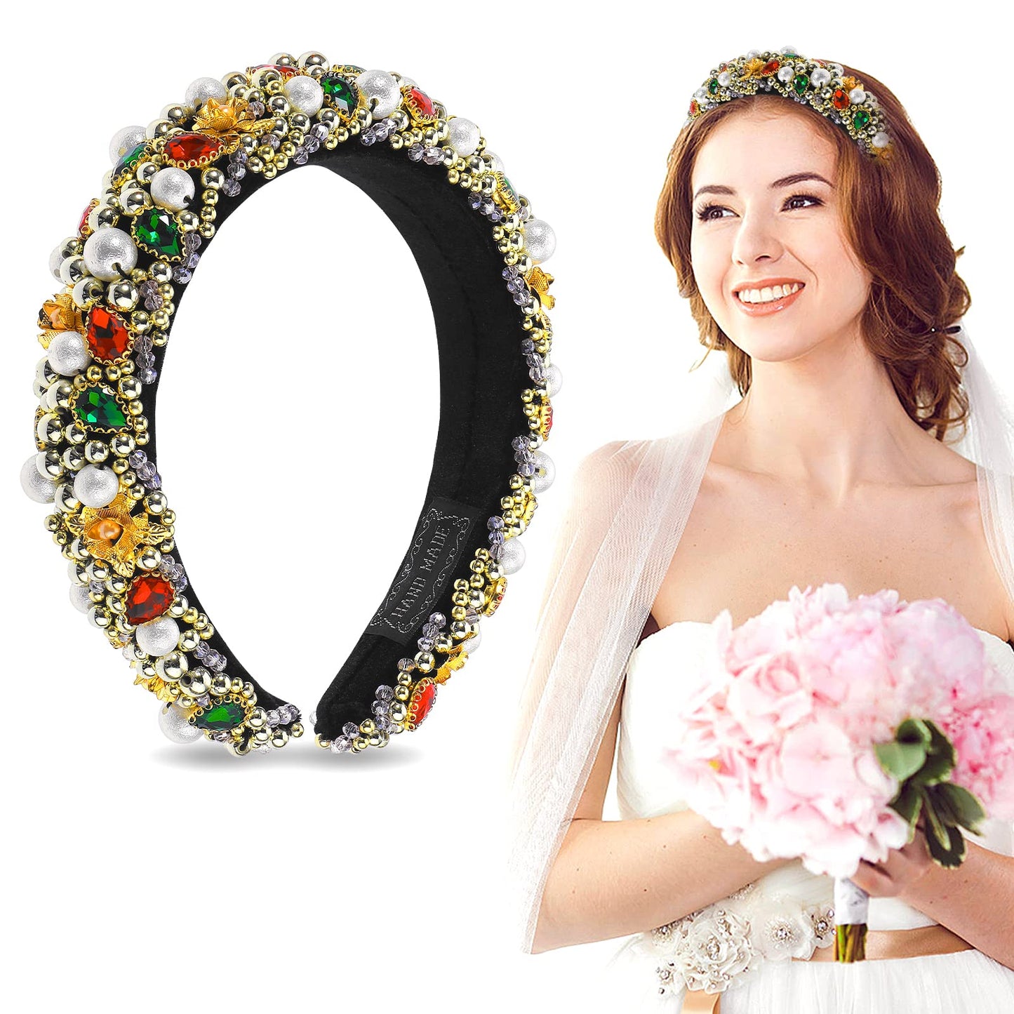 Sibba Rhinestone Headband Sparkly Jeweled Beaded Hair Band Sparkle Crystal Glitter Bling Sequin Embellished Wide Thick Padded Sponge Faux Pearl Hairband Head Braided Halloween Women(Multi-colored)