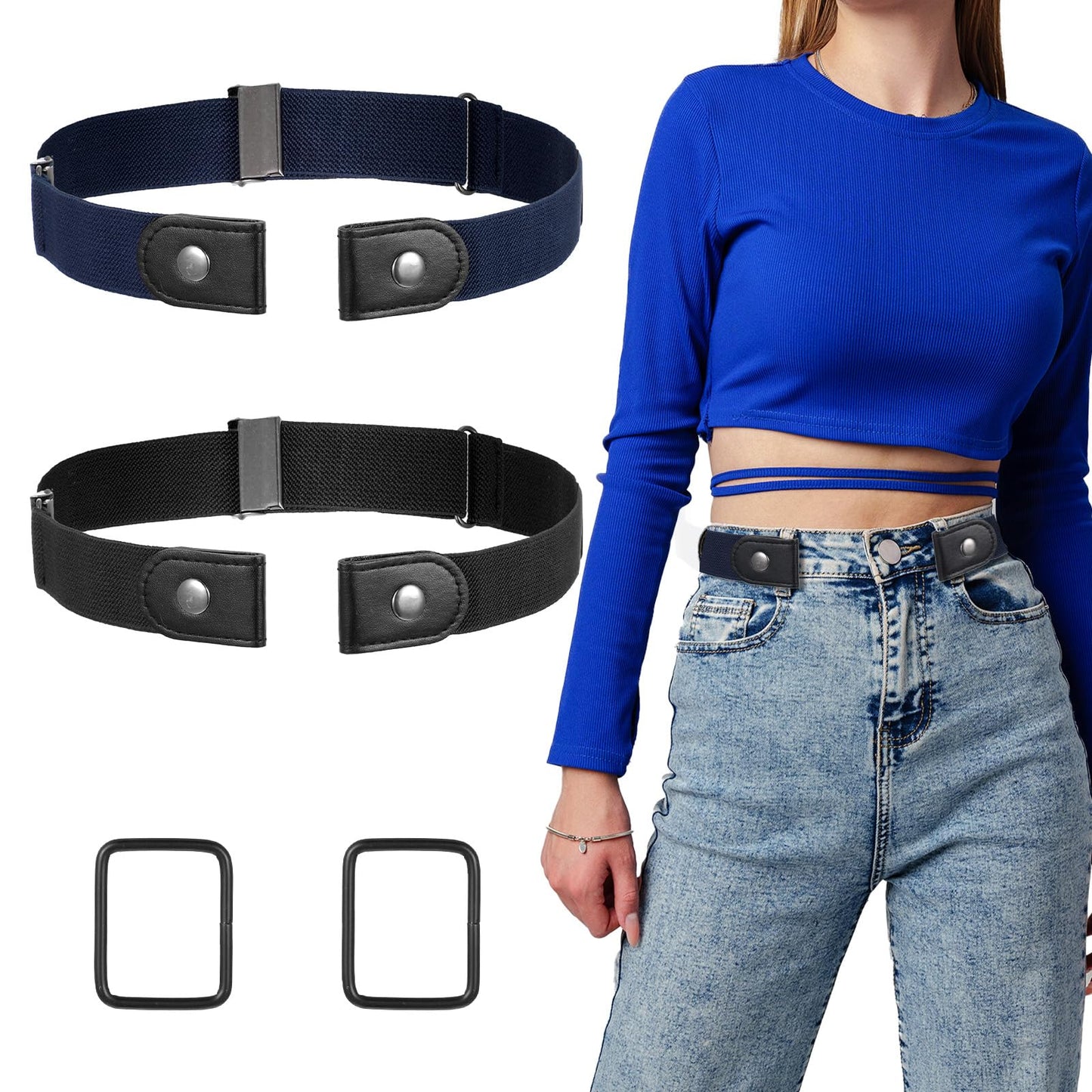 Wanmu Pack of 4 Belts Without Buckle for Men and Women, Elastic Invisible Buckle-Free Belt for Jeans, Trousers, Dress (Black, Navy)