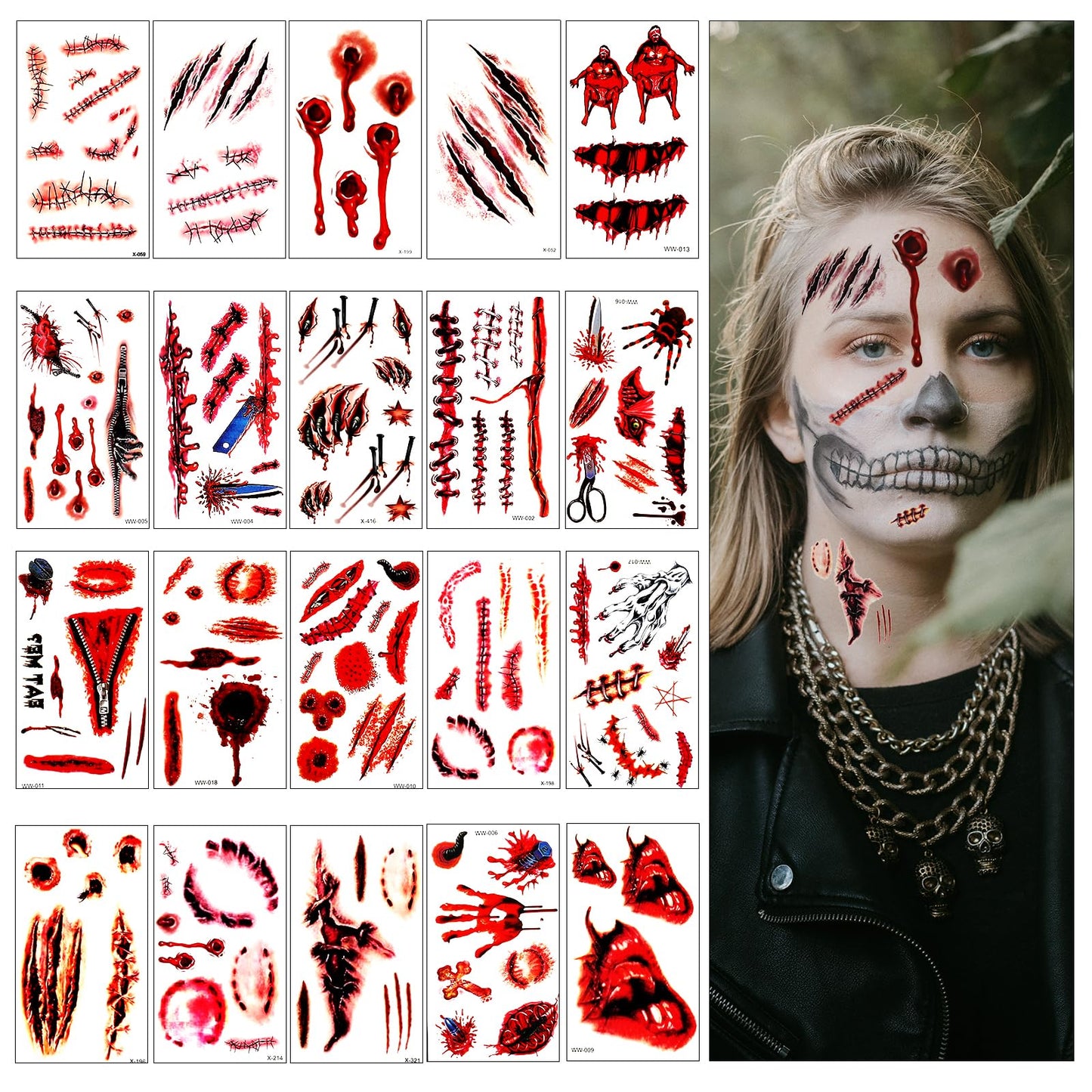 Sibba Temporary Tattoo Stickers 20 PCS Halloween Makeup Costume Face Shadows Props Kit Realistic 3d Fake Scars Cut Bloody Arm Head Make Up Cosplay Funny Party
