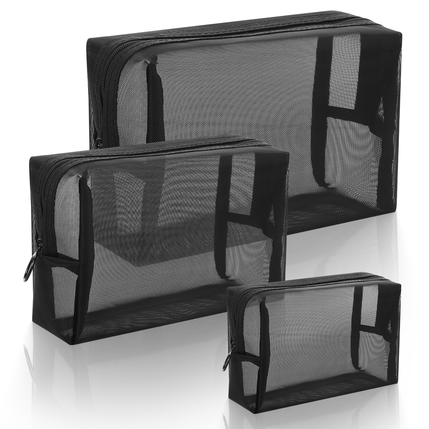 Wanmu 3 Pieces Mesh Cosmetic Bag, 3 Size Portable Mesh Makeup Pouches with Zipper, Travel Organizing Toiletry Bag for Home, Office Accessories Organizer (Black)