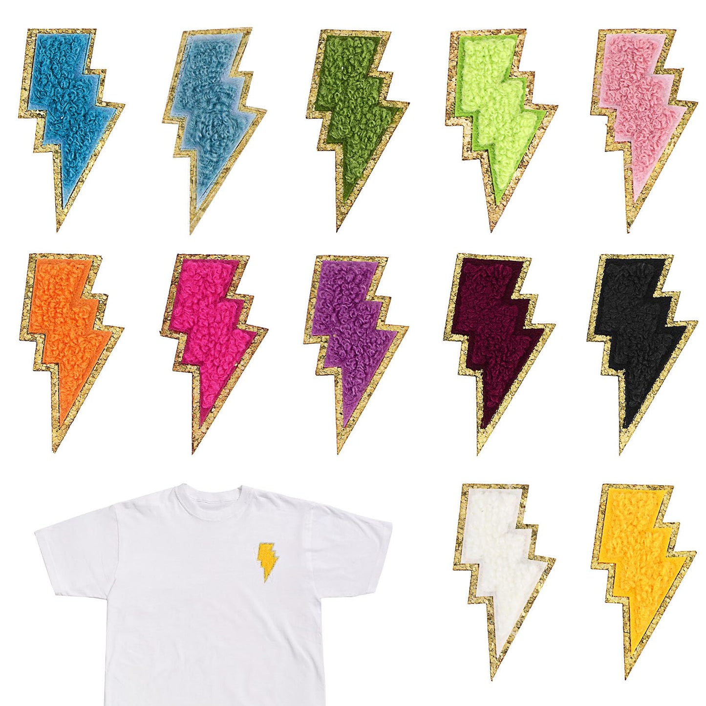 12 PCS Golden Edges Lightning Iron On Patch, Bright Vivid Colors Iron On Patches, Lightning Embroidered Patch/Sew on Appliques for Clothes Dress Hat Jeans DIY Accessories
