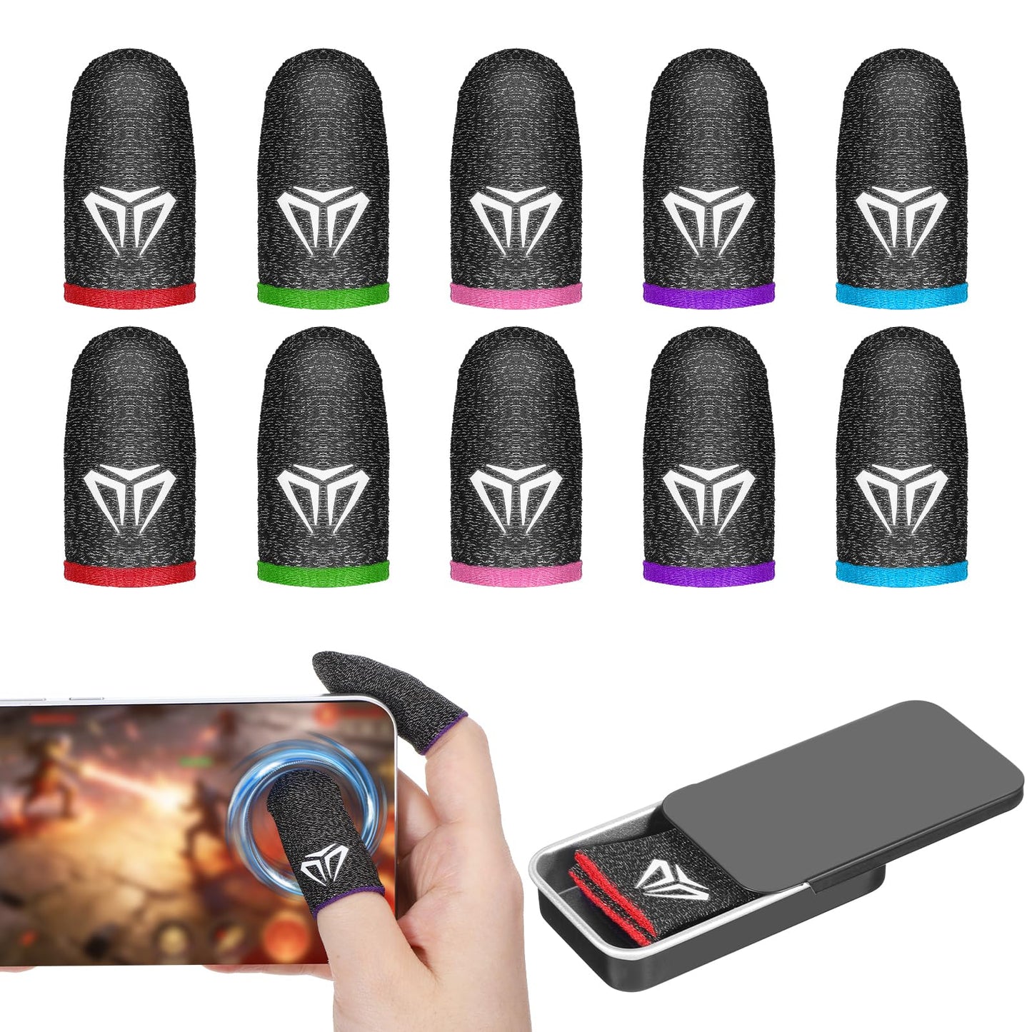 Qianyu Pack of 10 Mobile Gaming Finger Sleeves with Case, Silver Fibres Touchscreen Thumb Finger Sleeve Thumb Cover Silky Anti-Sweat Breathable Finger Cover Gloves Suitable for All Games