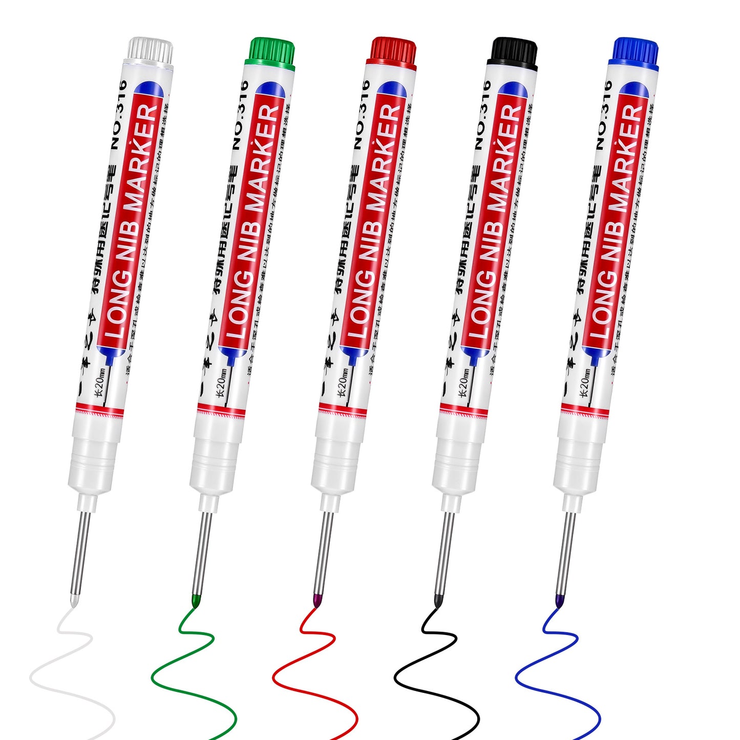 5 Pcs Long Head Deep Hole Marker Quick Dry Waterproof Carpenter Pen 20mm Long Nib Marker Construction Markers Marking Tool Permanent Metal Pen Markers for Woodworking Hardware Office Art