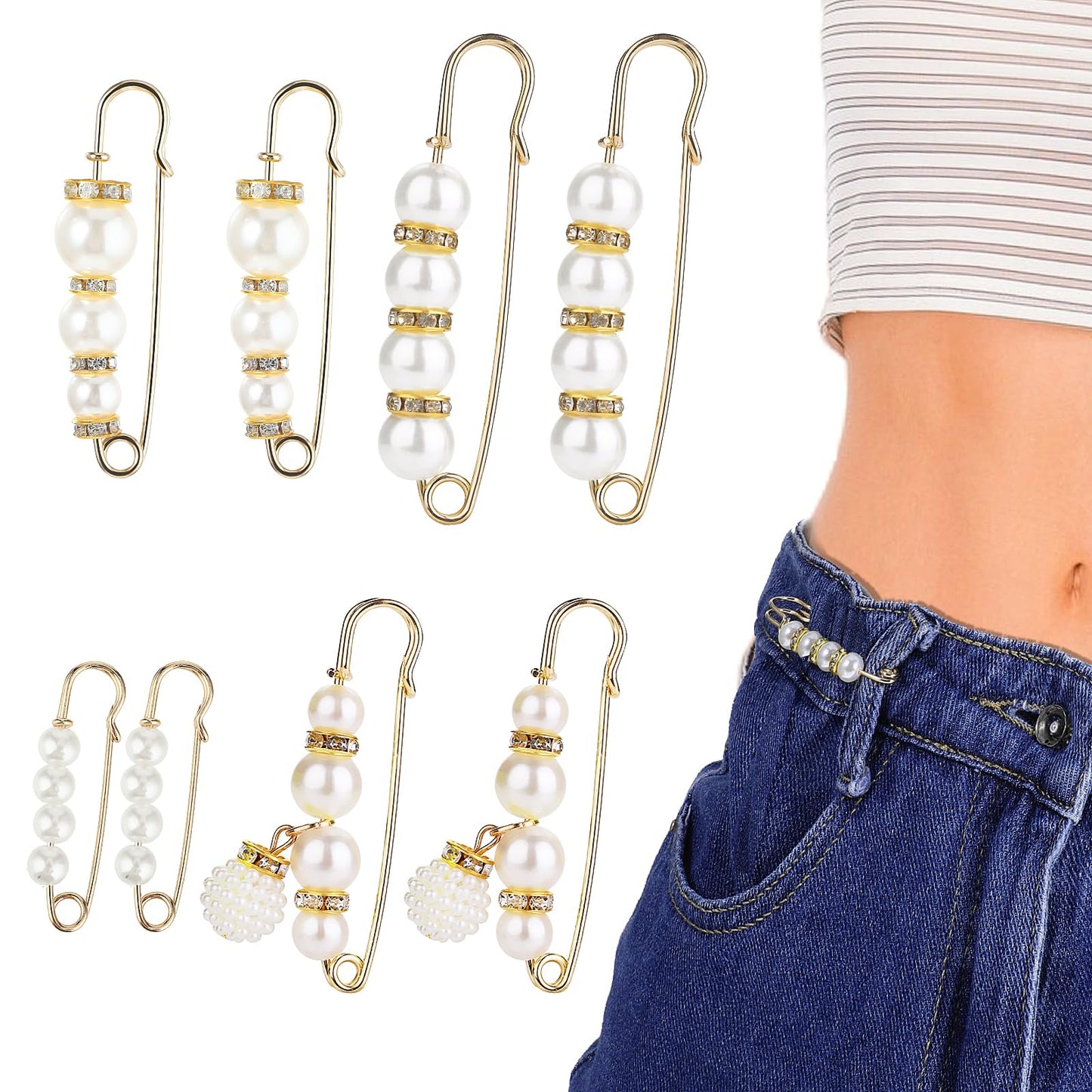 Wanmu 8Pcs Pearl Brooch Pins for Women Fashion, Faux Pearl Rhinestones Brooches, Sock Charms Pins, Safety Pins for Girls Pants and Sweater Shawl Clip Double Gold Waist Pants Extender