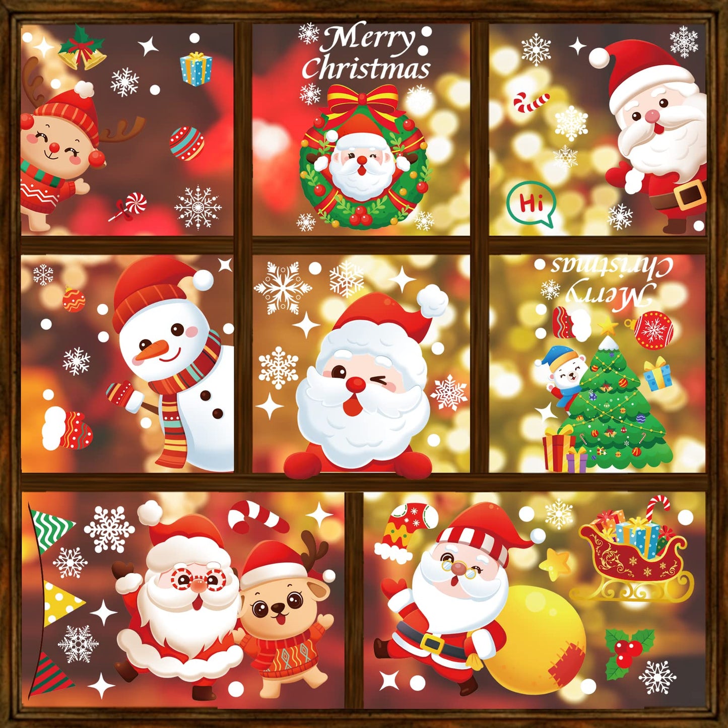 Sibba 9 Sheet Christmas Window Wall Stickers Double Sided PVC Static Clings Snowflake Santa Claus Reindeer Snowman Rudolph Decal Reusable Removable Xmas Display Home Xmas New Year Party Decoration