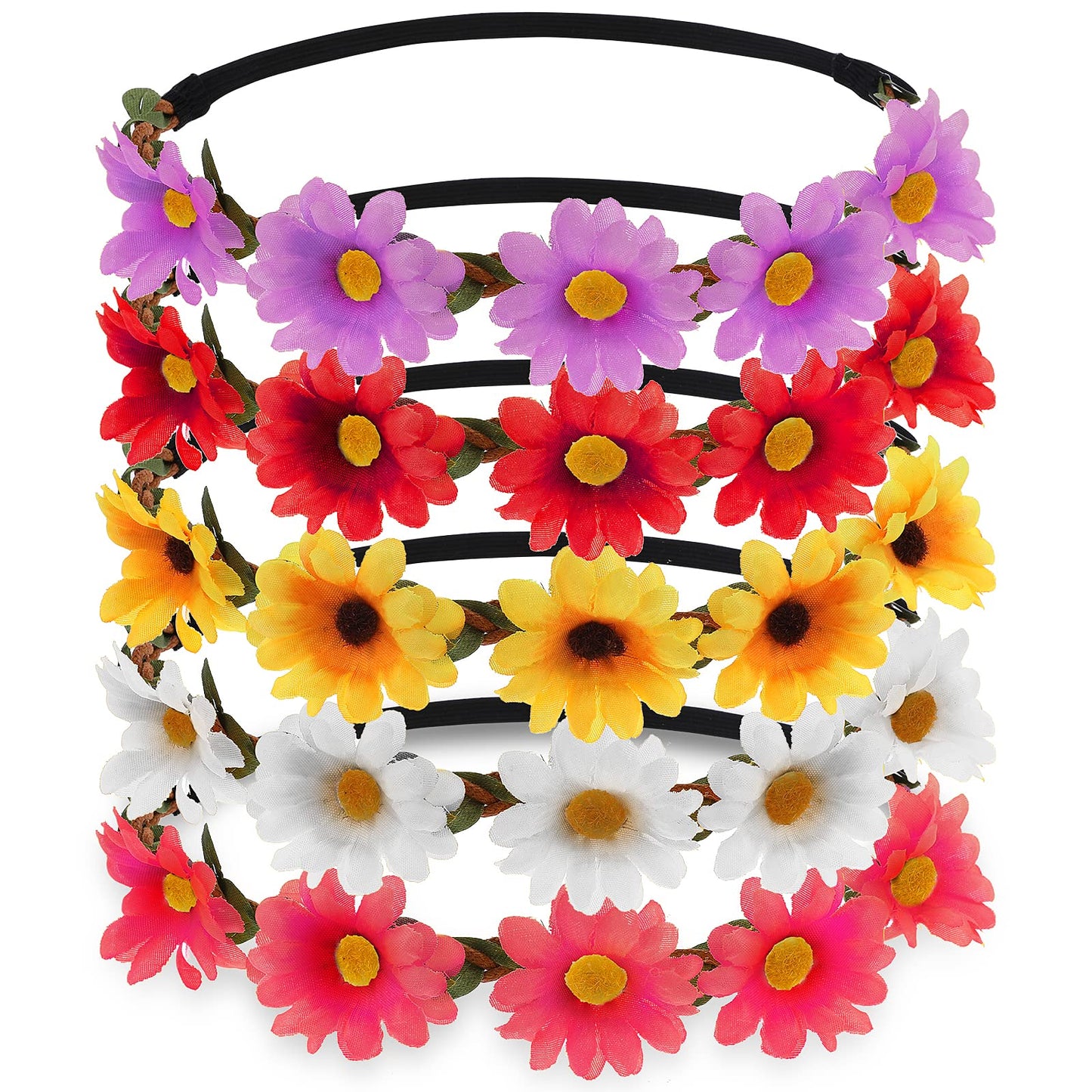 Sibba 5PCS Daisy Flower Headband Floral Garland Crown Hair Wreath Boho Girl Women Fairy Headpiece Soft Hair Bands Fashion for Bridal Wedding Festival Party Photo Props Baby Shower Hallloween Costume