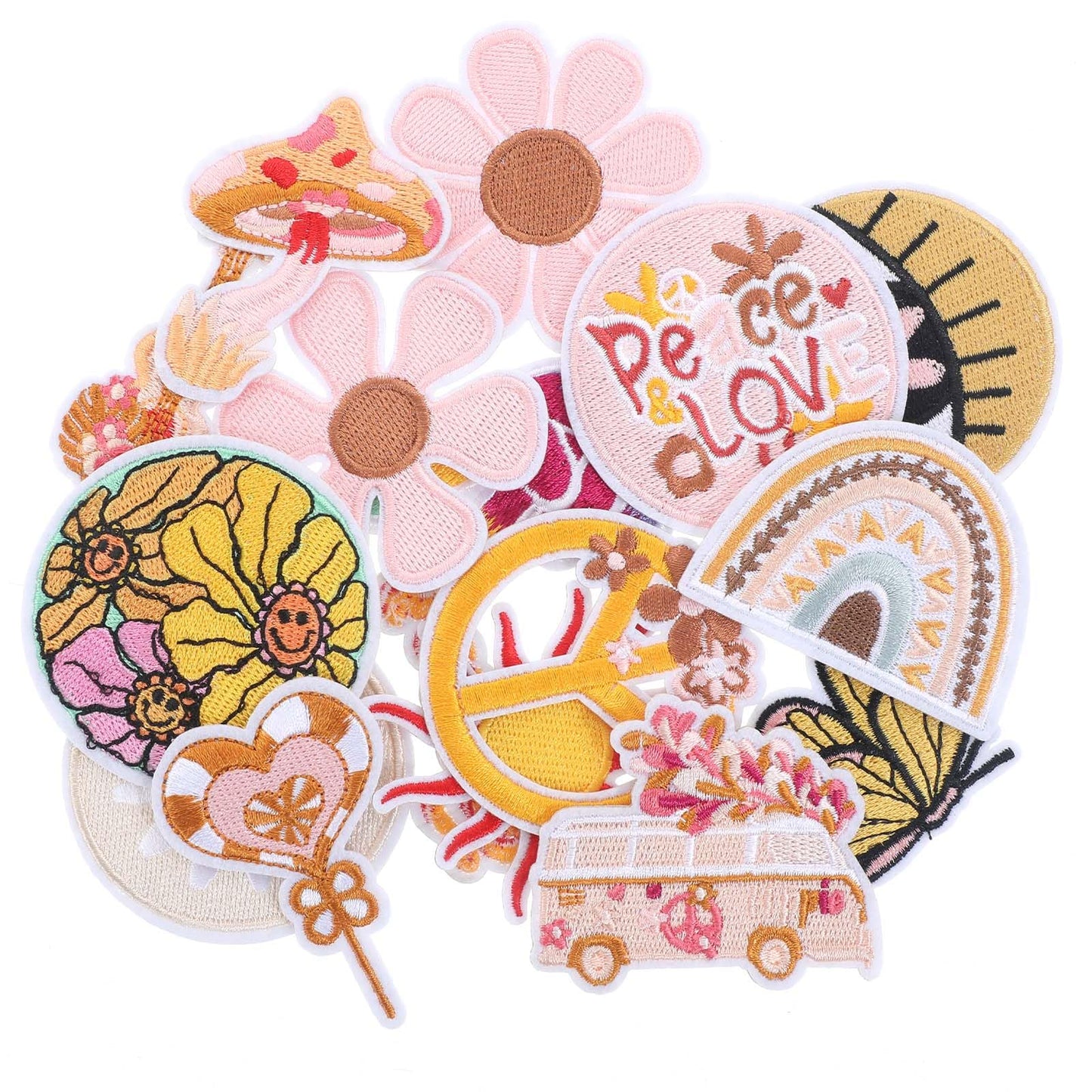 16pcs Yellowish Iron-on Patches Applique Groovy Retro Hippie Iron on Patches Cute Sewing Embroidered Patches Bright Vivid Colors Sew On/Iron On Patch Applique for Clothes Dress Hat Jeans DIY Accessory
