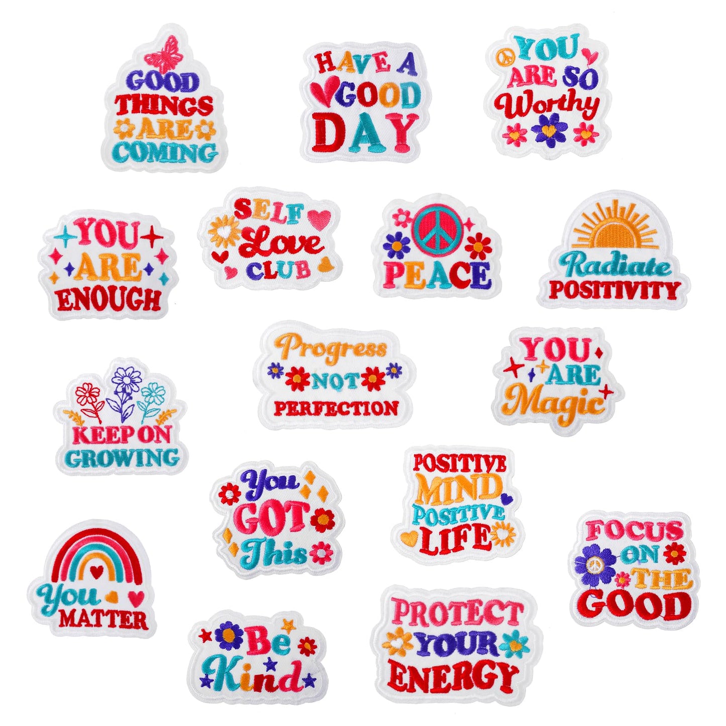 Wanmu 16Pcs Iron on Patches for Clothes, Positive Affirmations Hats Embroidered Patch, Cute Heat Press Sew on Patches for Inspirational Words for Hat/Backpack/Jackets DIY Decoration