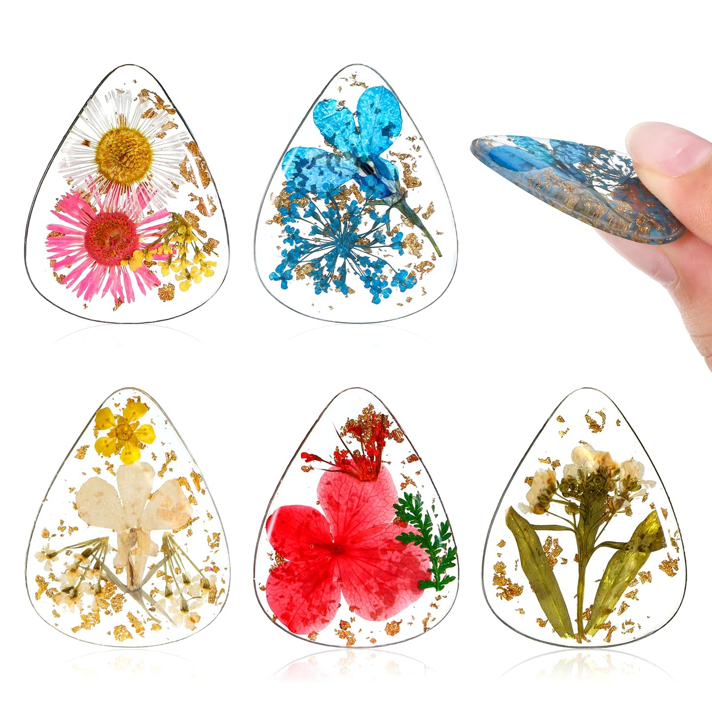 QFGasre 5 Pcs Flower Guitar Picks Dried Flower PET Guitar Picks Stylish Cool Guitars Pick Floral Bass Pick for Acoustic Guitars Ukulele Bass Classical Triangle Colorful