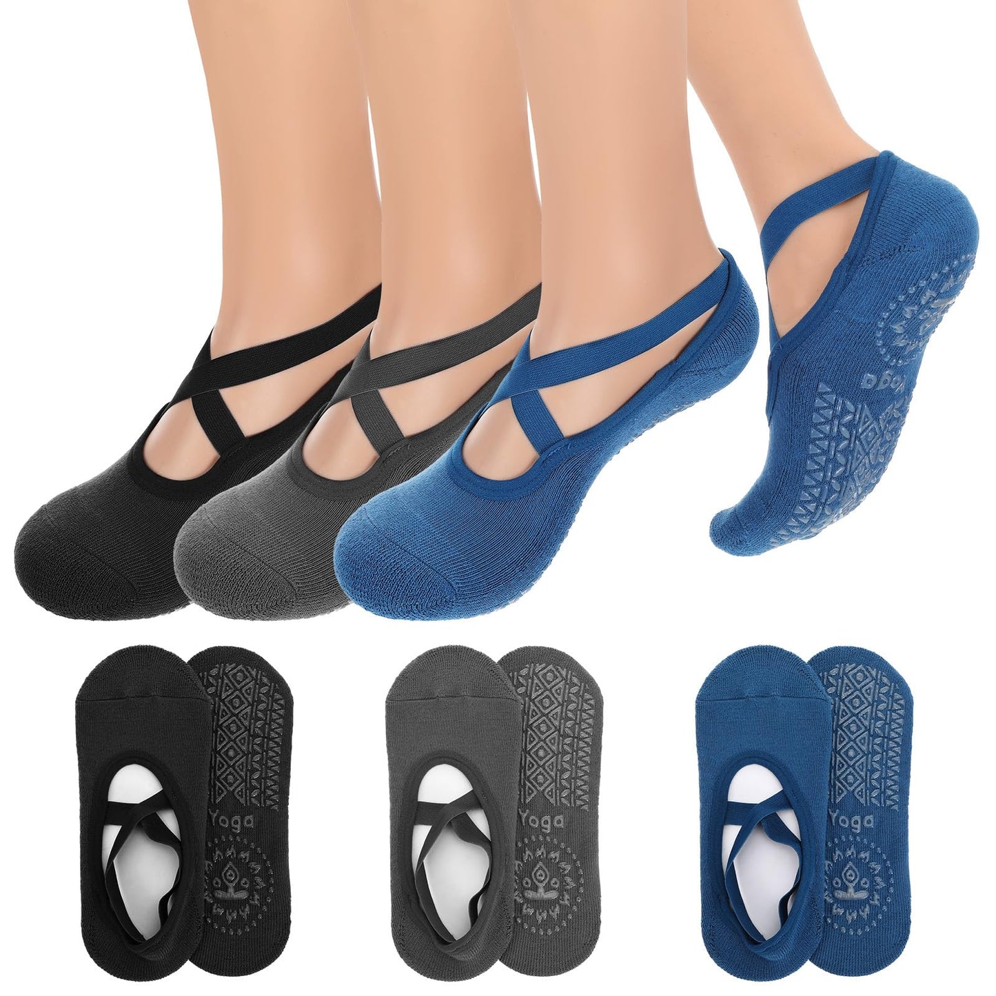 KFHENSOMR 3 Pairs Yoga Socks Pilates Grip Socks for Women Non-Slip Skid Yoga Sock Grips Straps Ideal for Pilates Pure Barre Ballet Dance Barefoot Workout Gripper Sock (Black Gray Blue)