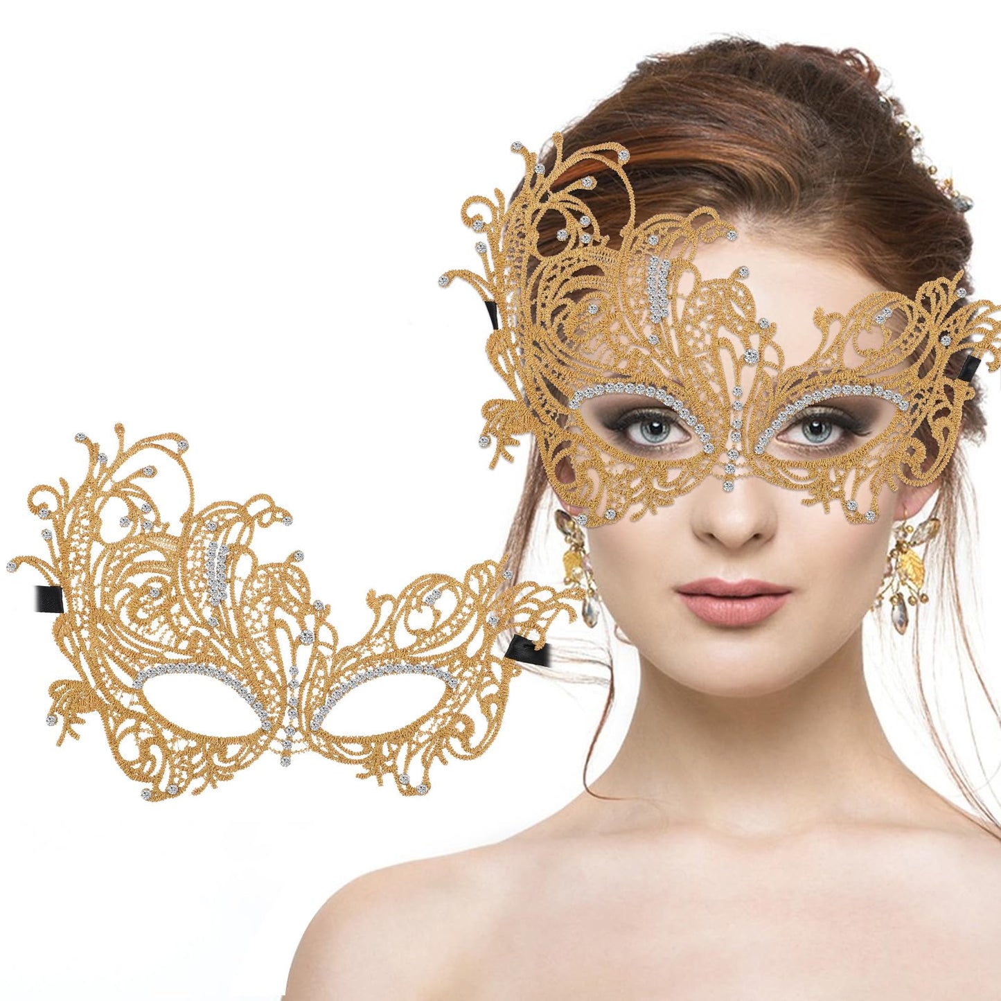 Sibba Masquerade Mask Halloween Costume Fancy Dress Party Feather Lace Jewel Eye Face Jewelry Holding Carnival Ball Set Wedding Festivals Couples Women Adults(Golden with Gem)