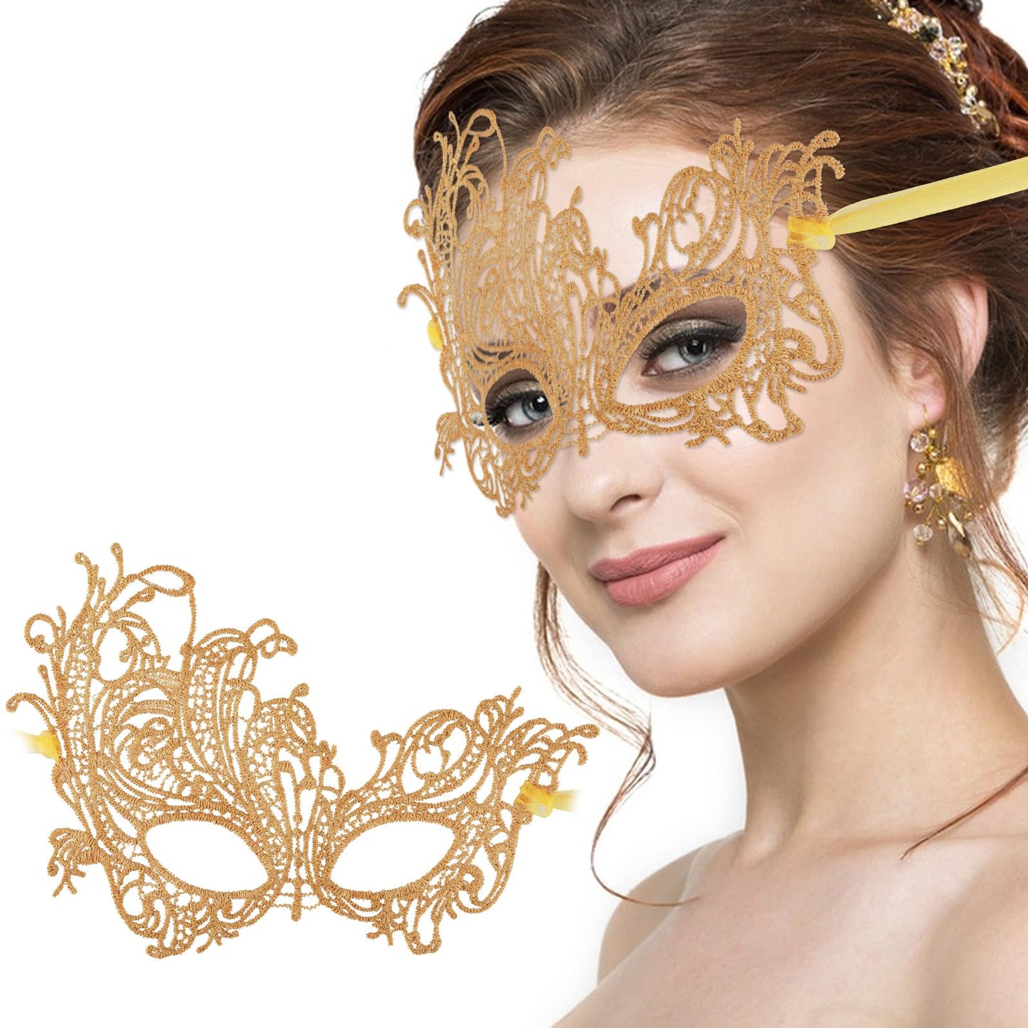 Sibba Masquerade Mask Halloween Costume Fancy Dress Party Feather Lace Jewel Eye Face Jewelry Holding Carnival Ball Set Wedding Festivals Couples Women Adults(Golden)