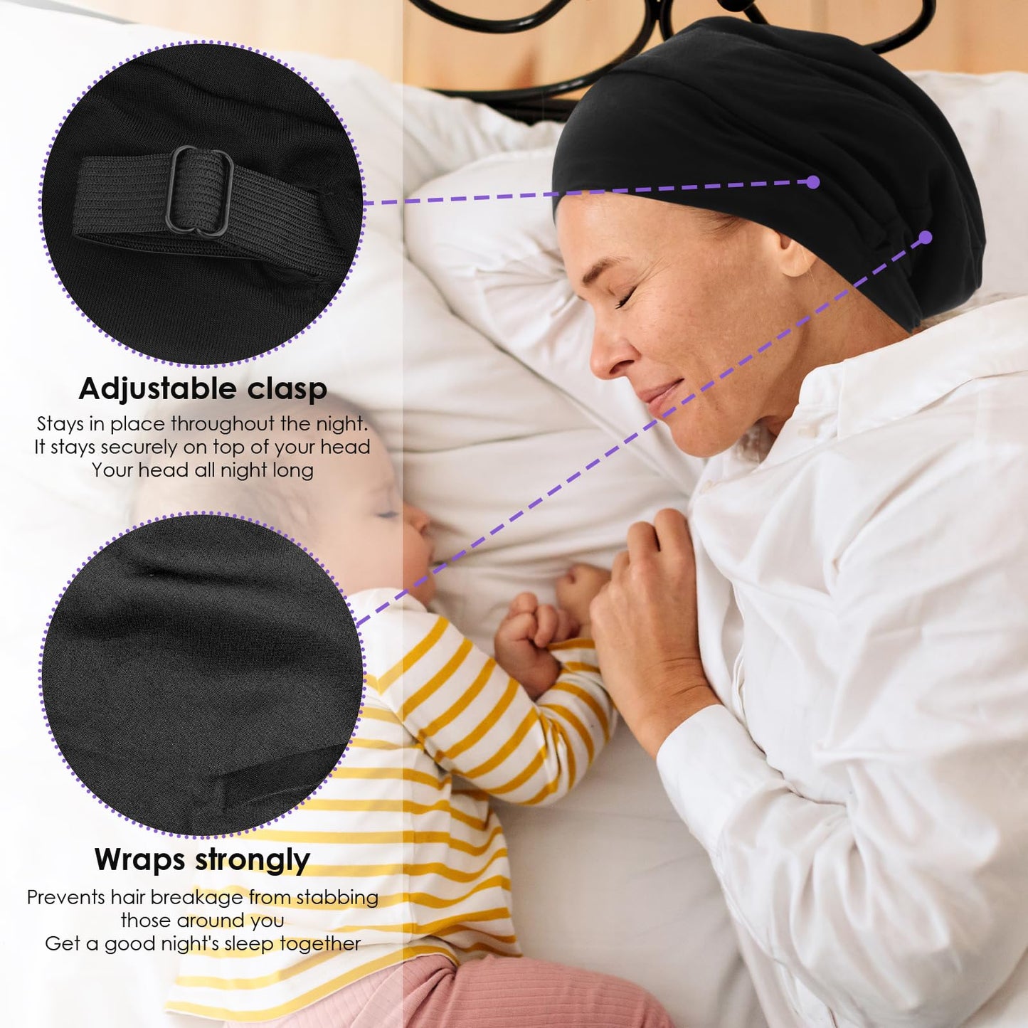 Wanmu Silk Satin Sleep Cap Bonnet, Adjustable Stay on Satin Lined, Slouchy Beanie Hat for Women and Men, for Curly Hair and Braids, Stay On Night Wrap Black